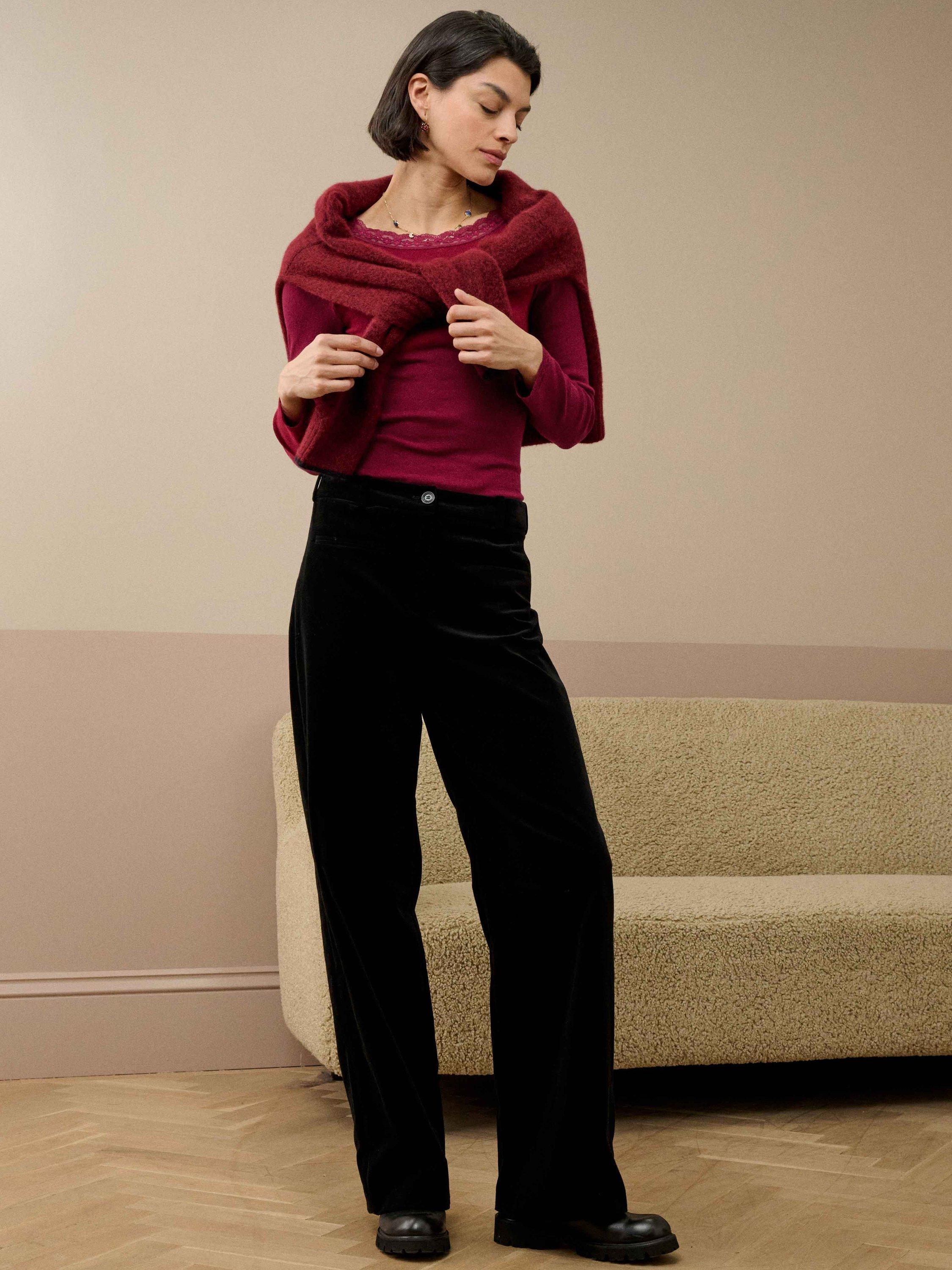 Product image 2 of 4, which shows Brora Lace Trim Scoop Neck Top, Mulberry, 8-10