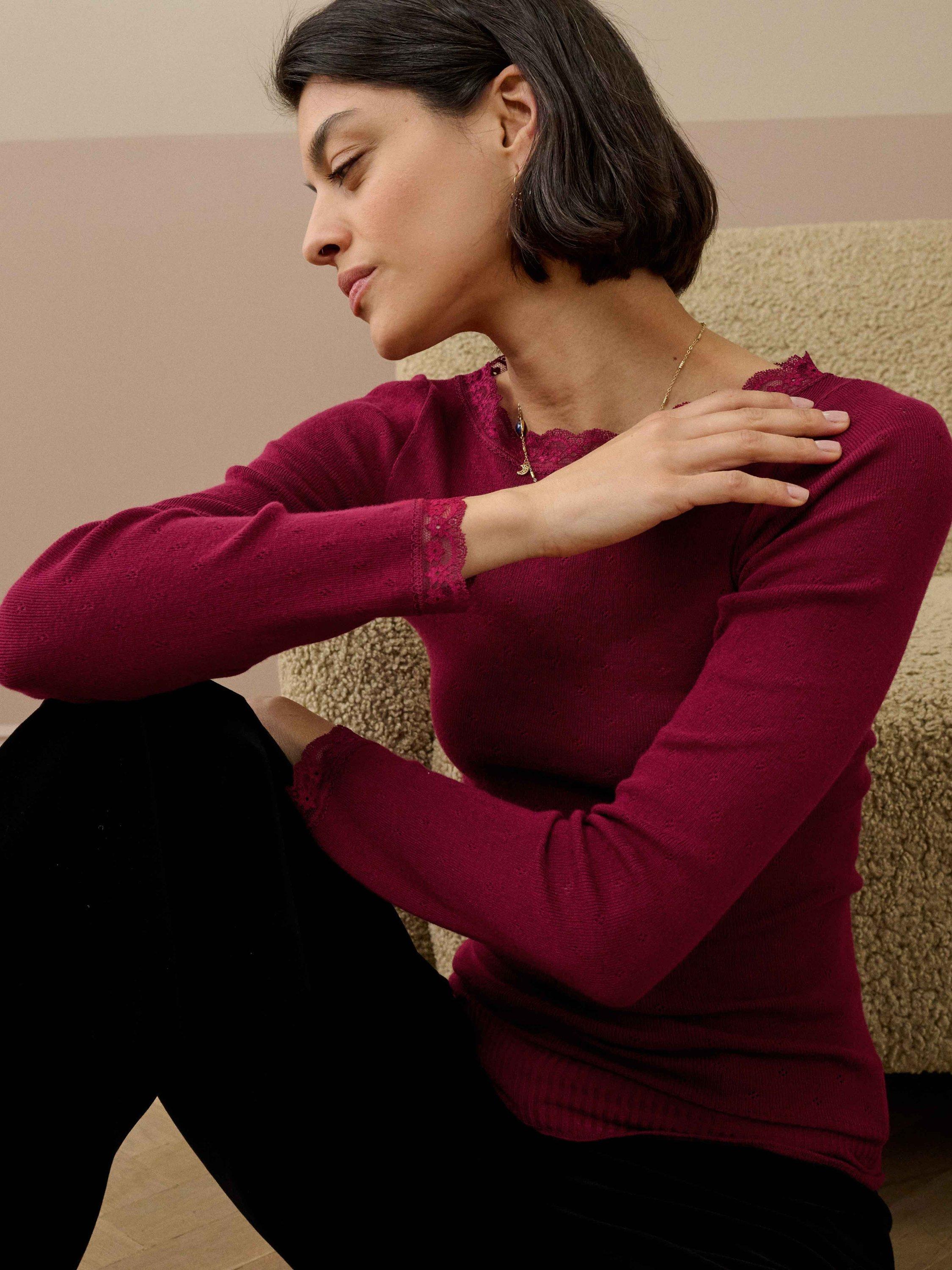 Product image 3 of 4, which shows Brora Lace Trim Scoop Neck Top, Mulberry, 8-10