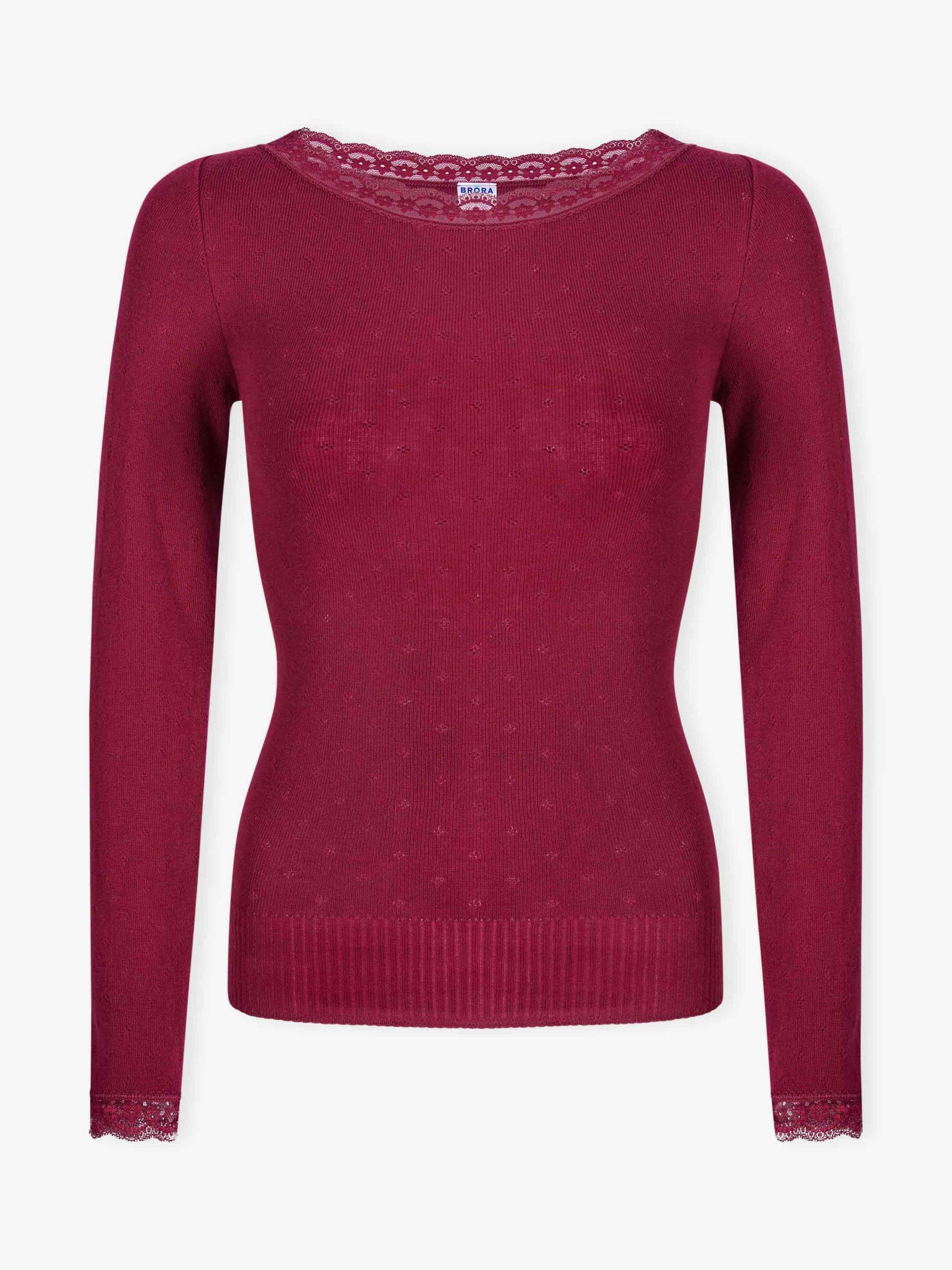 Product image 4 of 4, which shows Brora Lace Trim Scoop Neck Top, Mulberry, 8-10