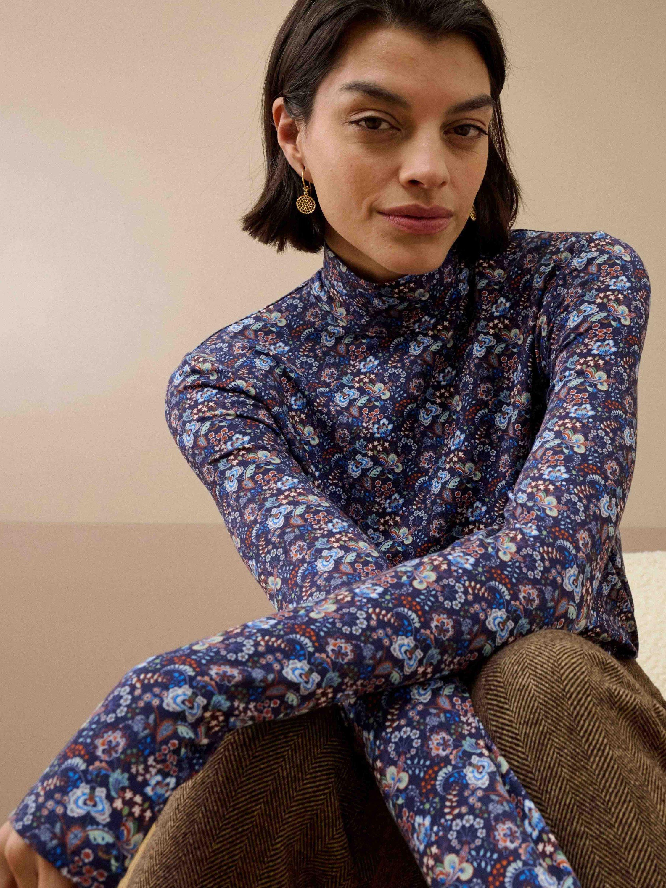 Product image 3 of 5, which shows Brora Floral Long Sleeve Polo Neck Jersey Top, Navy/Multi, 6