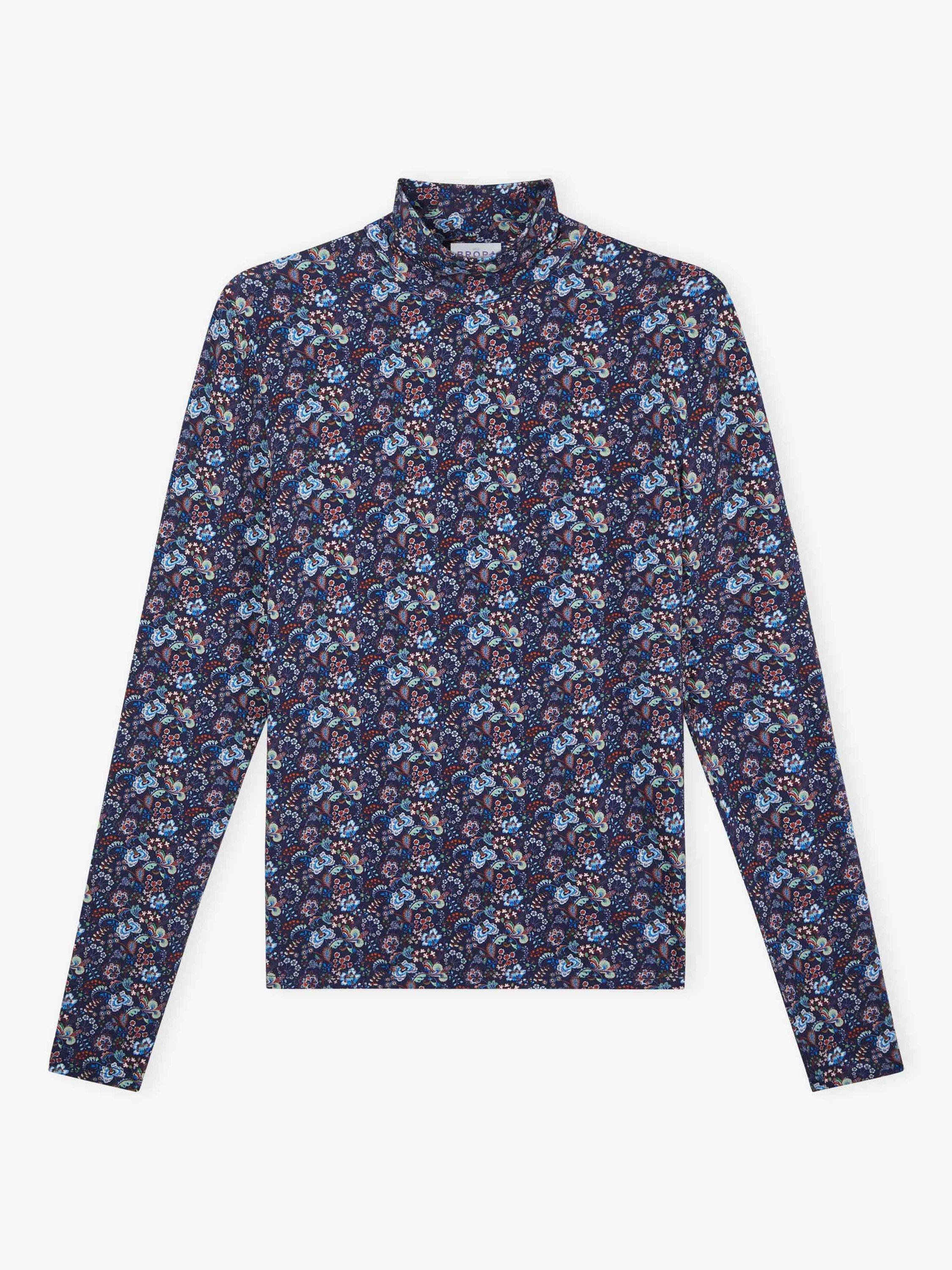 Product image 5 of 5, which shows Brora Floral Long Sleeve Polo Neck Jersey Top, Navy/Multi, 6