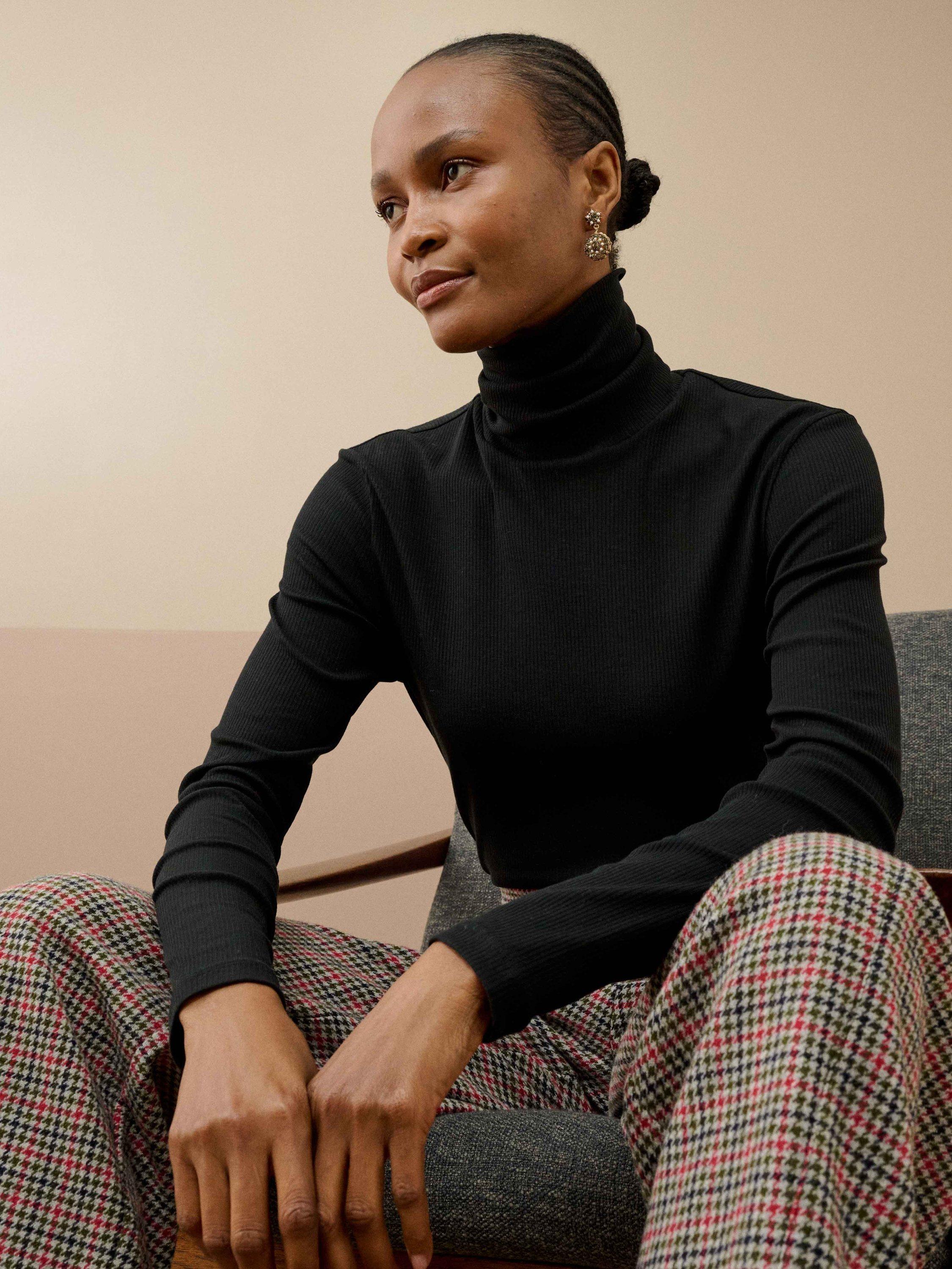 Product image 3 of 5, which shows Brora Cotton Rib Polo Neck Jumper, Black, 6