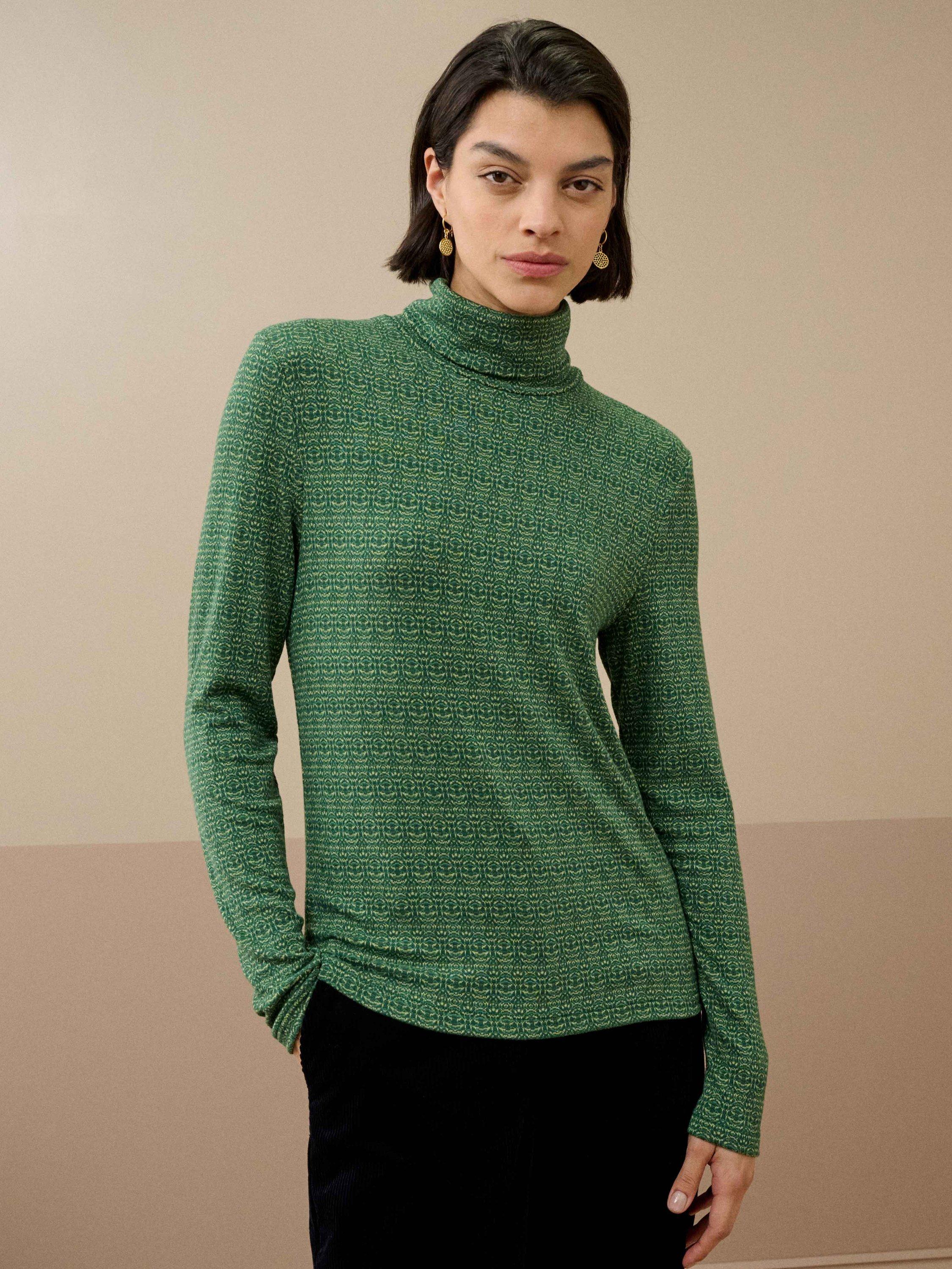 Product image 1 of 4, which shows Brora Geometric Long Sleeve Turtle Neck Jersey Top, Pine, 6