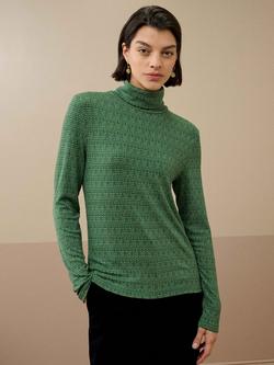 Brora Geometric Long Sleeve Turtle Neck Jersey Top, Pine