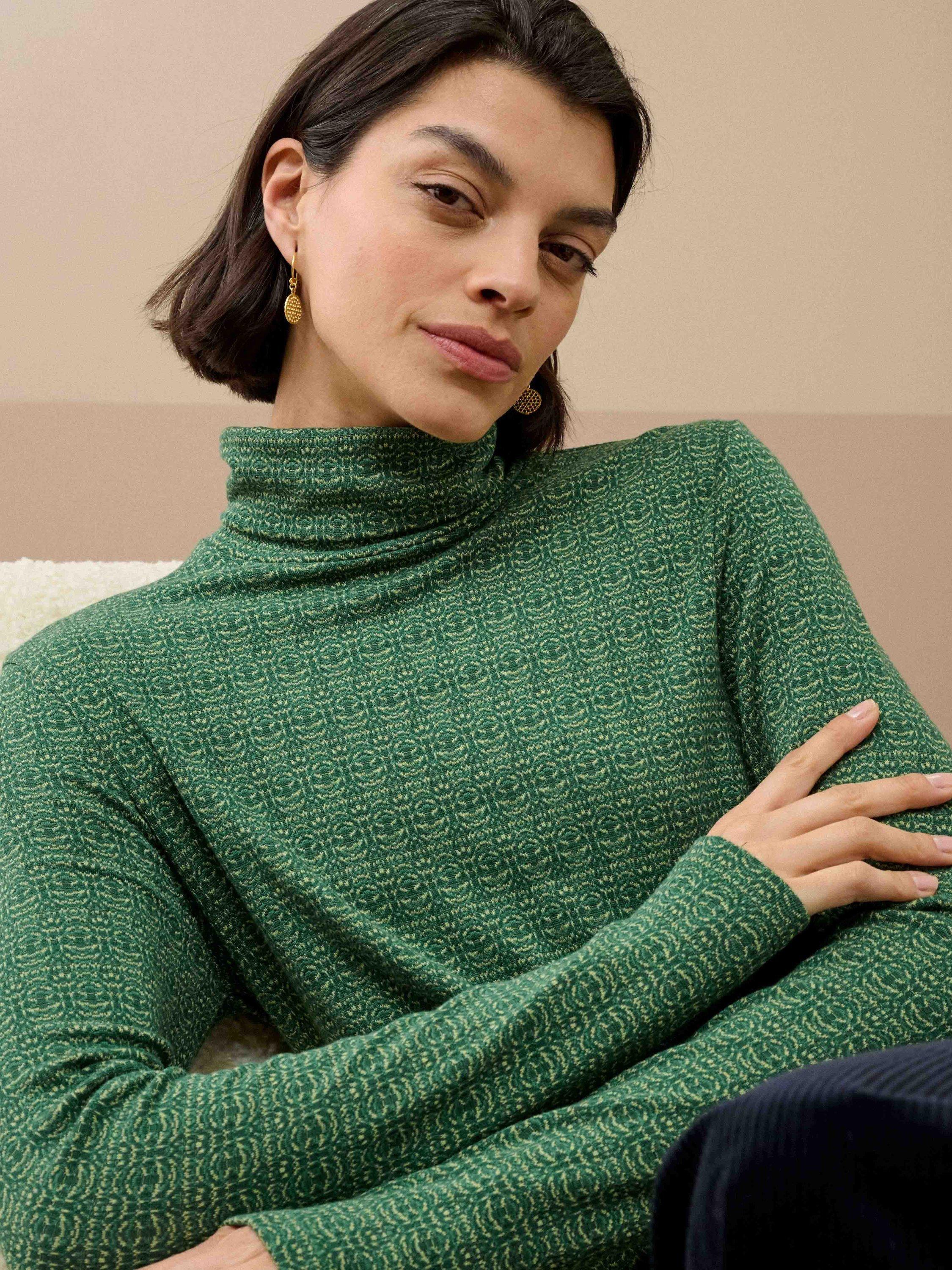 Product image 3 of 4, which shows Brora Geometric Long Sleeve Turtle Neck Jersey Top, Pine, 6