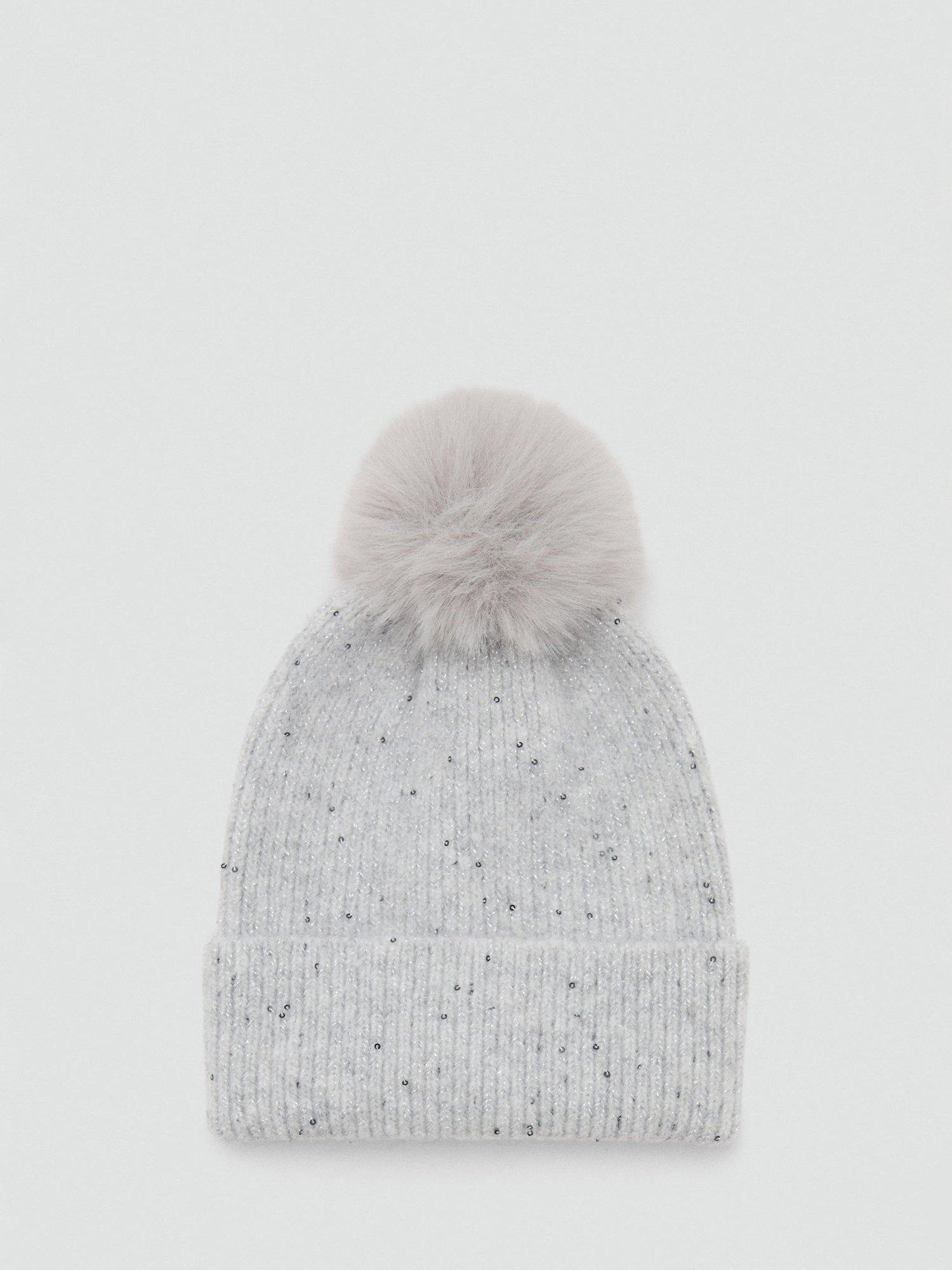 Product image 1 of 3, which shows Mango Kids' Fluffy Knit PomPom Hat, Grey, M