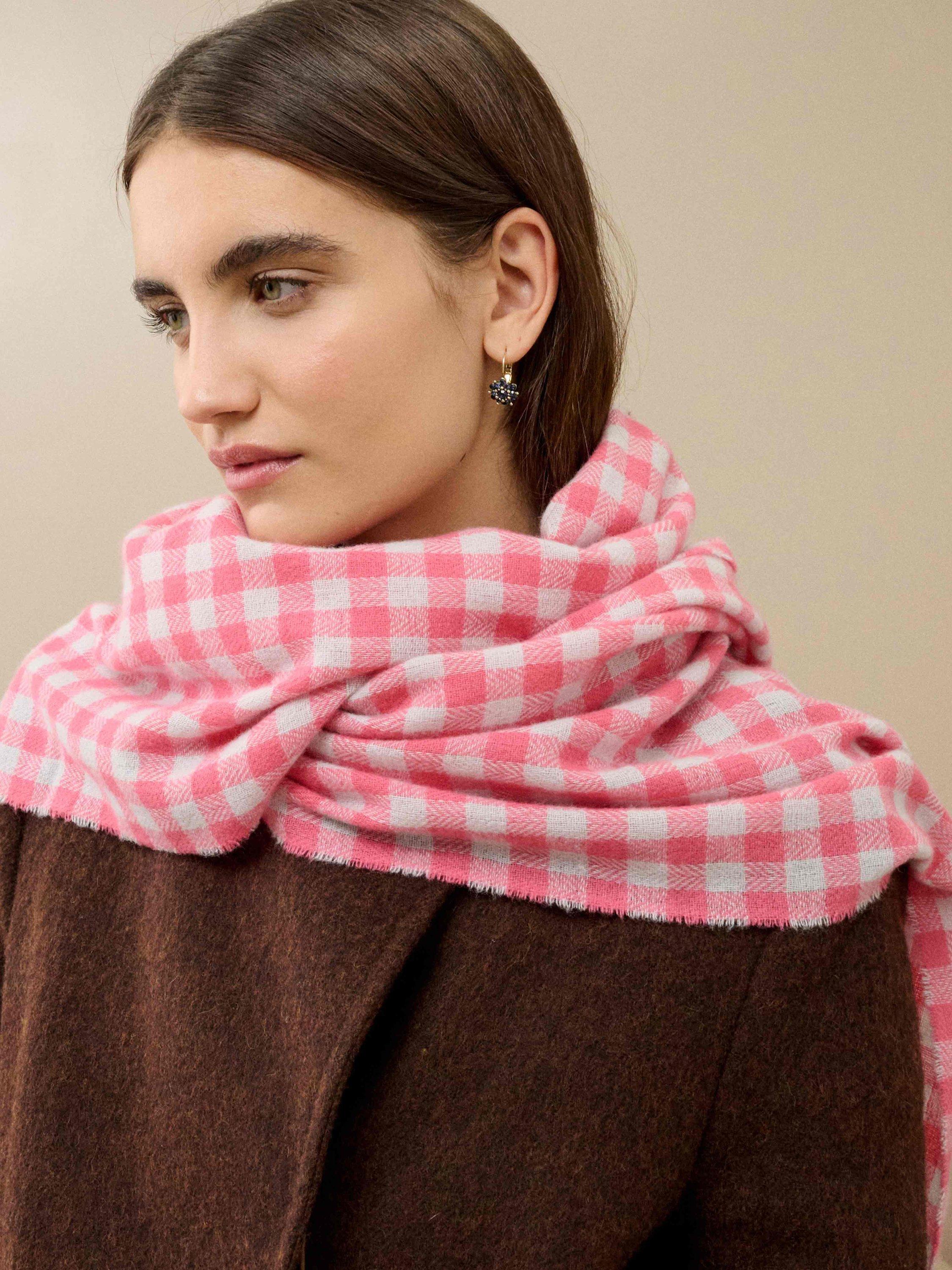 Product image 2 of 2, which shows Brora Gingham Pure Cashmere Stole, Peony/Pearl, One Size