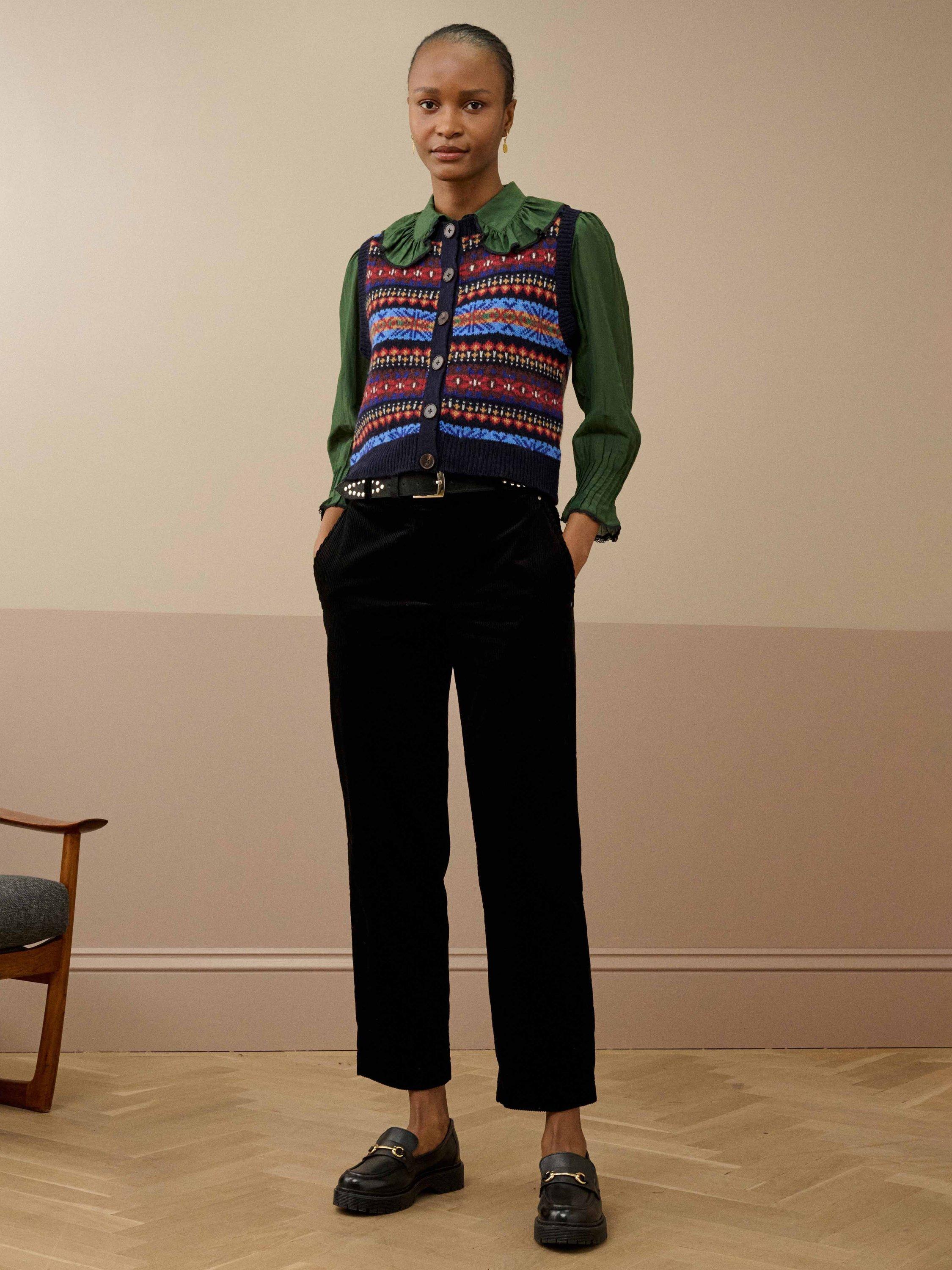 Product image 1 of 5, which shows Brora Merino Lambswool Fair Isle Knitted Vest, Navy, 8