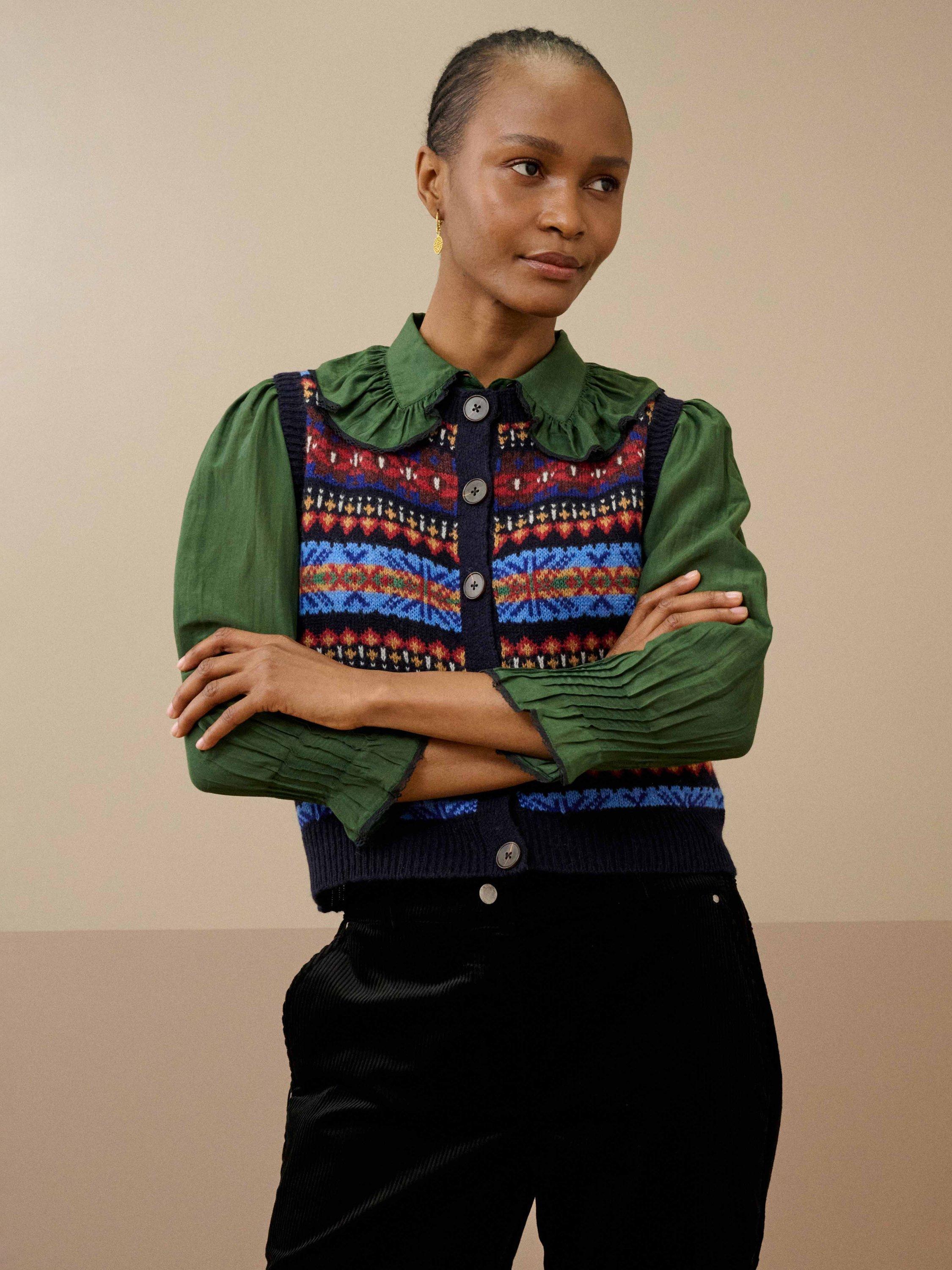 Product image 2 of 5, which shows Brora Merino Lambswool Fair Isle Knitted Vest, Navy, 8