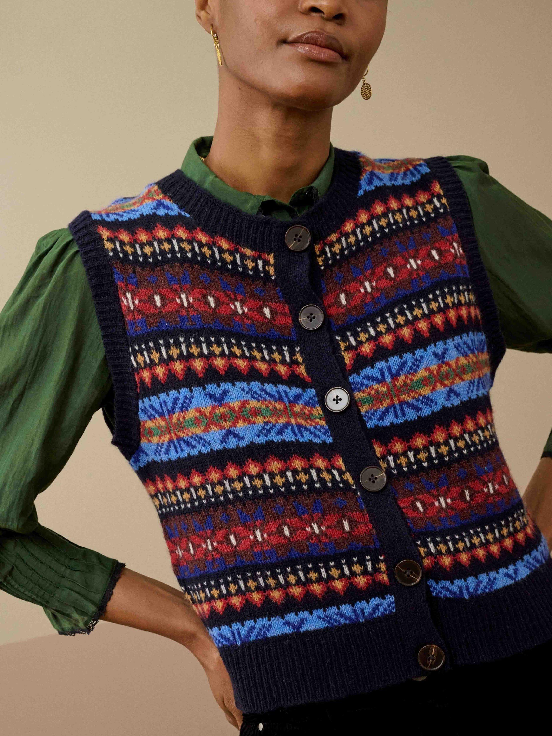 Product image 3 of 5, which shows Brora Merino Lambswool Fair Isle Knitted Vest, Navy, 8