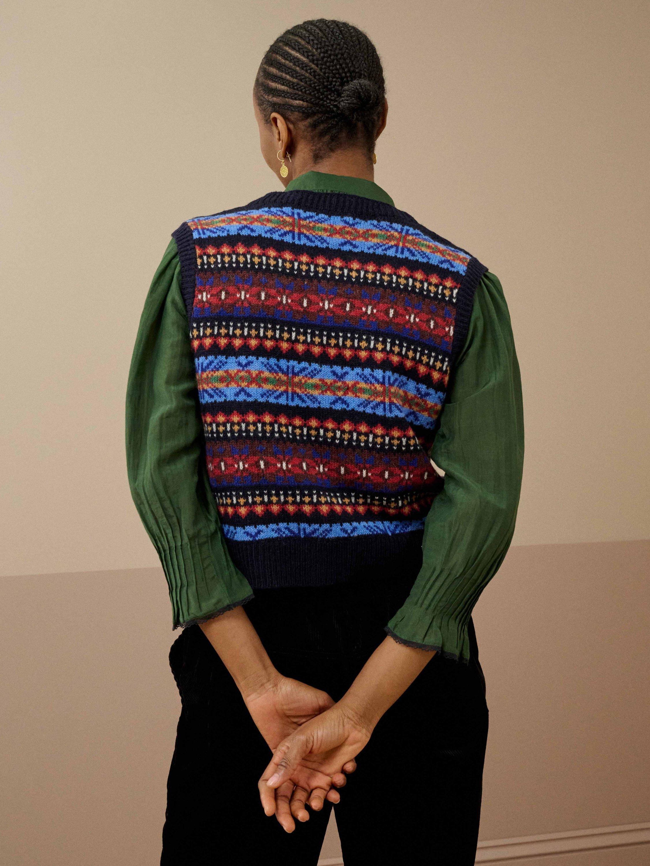 Product image 4 of 5, which shows Brora Merino Lambswool Fair Isle Knitted Vest, Navy, 8