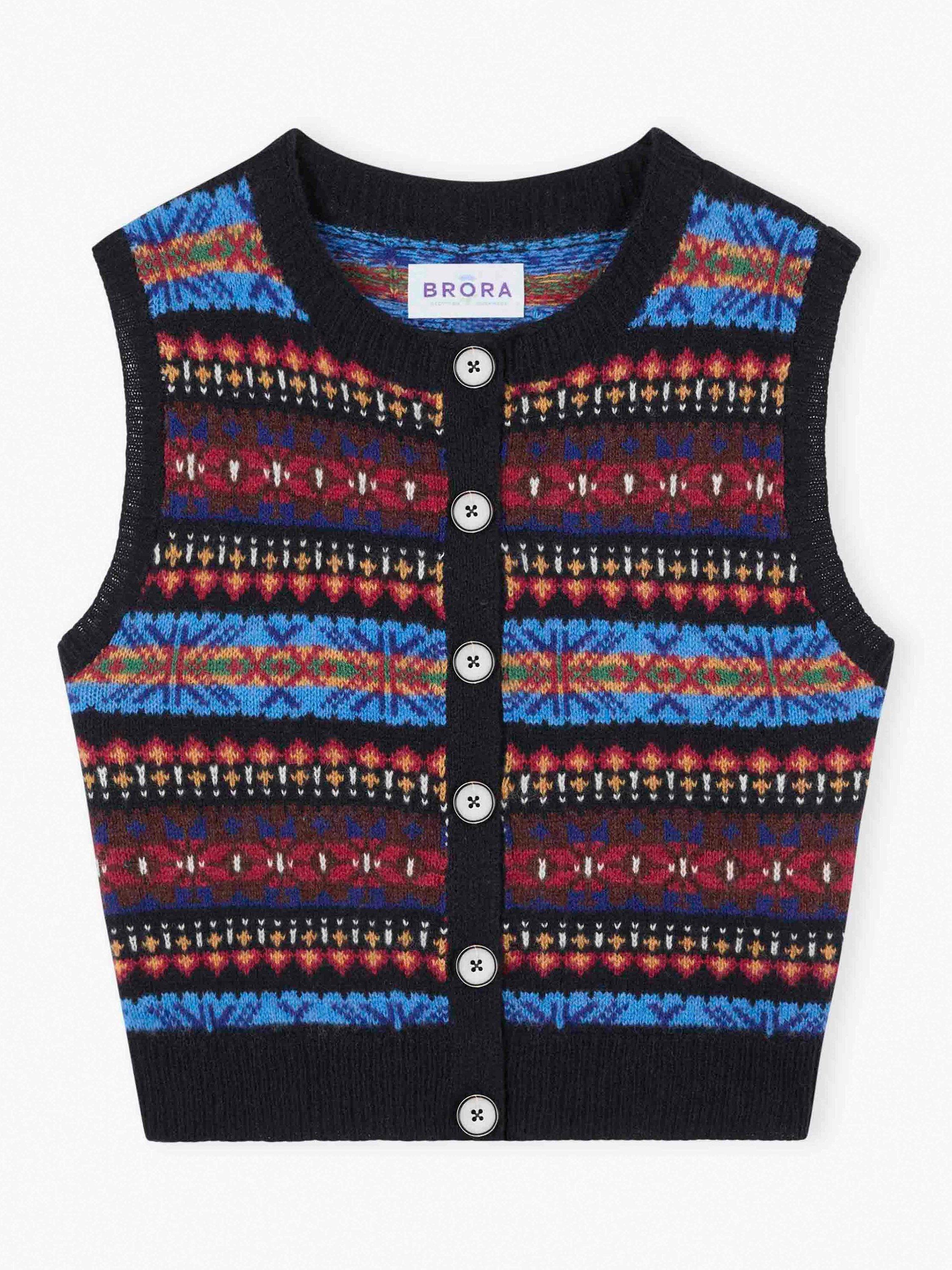 Product image 5 of 5, which shows Brora Merino Lambswool Fair Isle Knitted Vest, Navy, 8