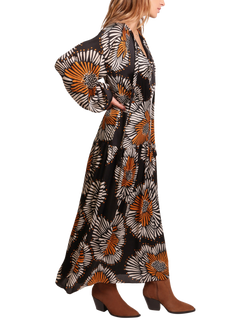 Traffic People Hold On Blame Long Sleeve Tie Neck Maxi Dress - view 2, Black/Multi