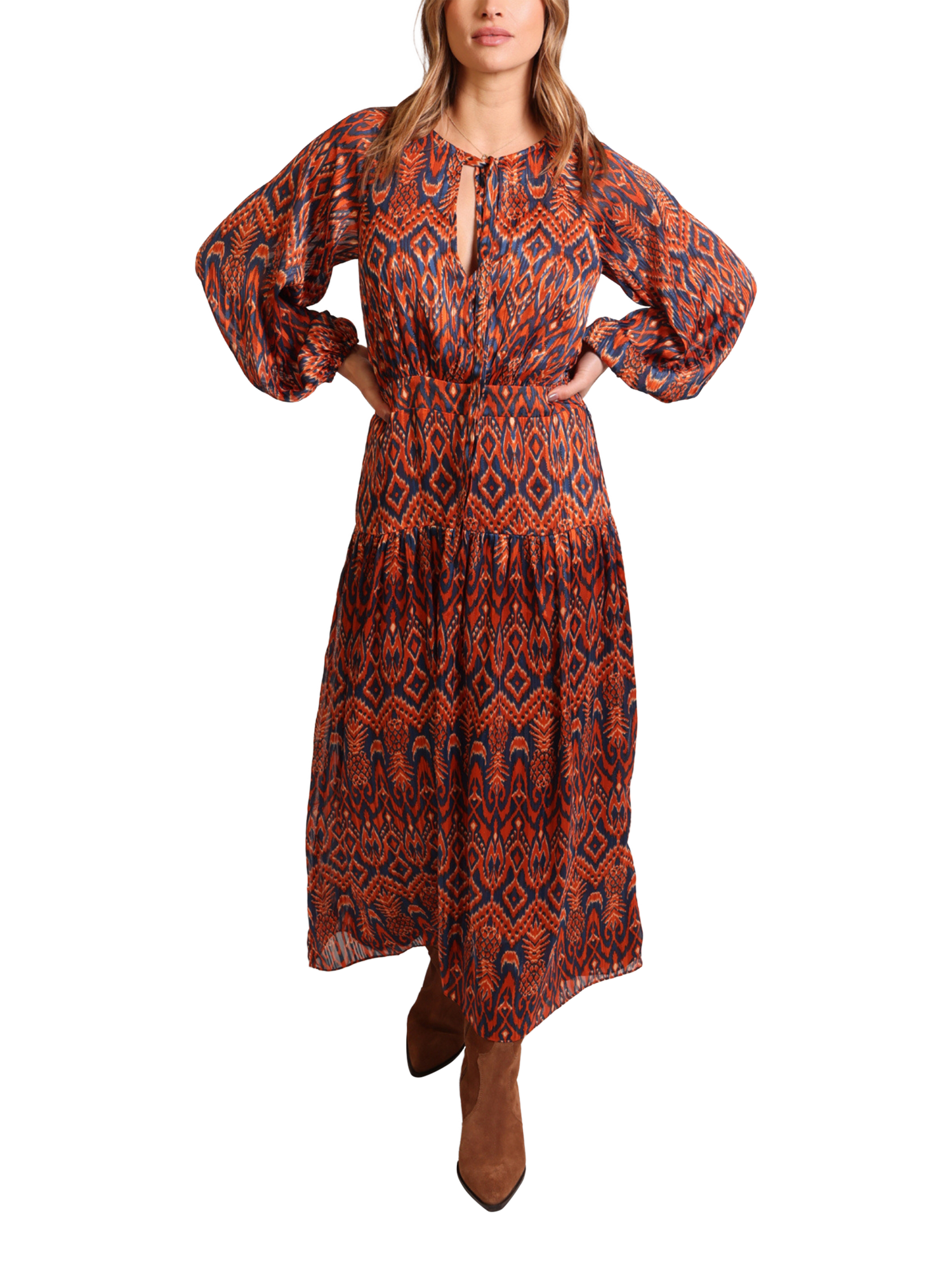 Product image 1 of 2, which shows Traffic People Blame A Case for Chaos Maxi Dress, Rust/Multi, XS