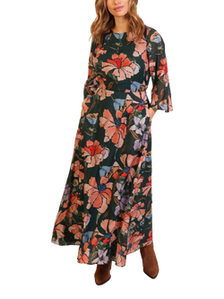 Traffic People Millie Floral Three Quarter Sleeves Round Neck Maxi Dress, Multi