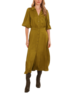 Traffic People Frida Balloon Sleeve V Neck Midi Shirt Dress, Green