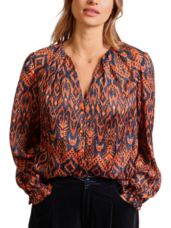 Traffic People Case4Chaos Truce Balloon Sleeve V Neck Blouse, Rust/Blue
