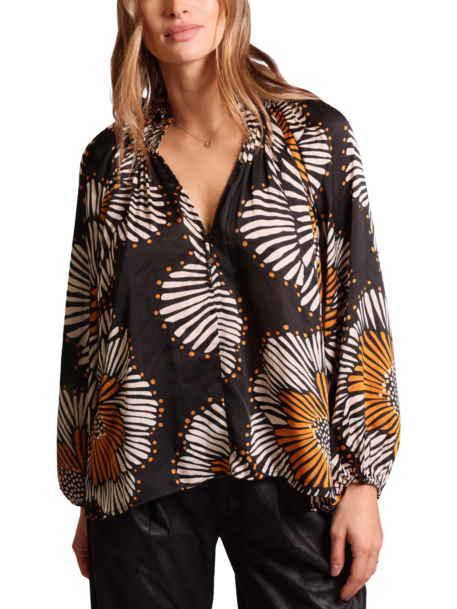 Product image 1 of 6, which shows Traffic People Hold On Madding Balloon Sleeve V Neck Blouse, Black/Multi, XS