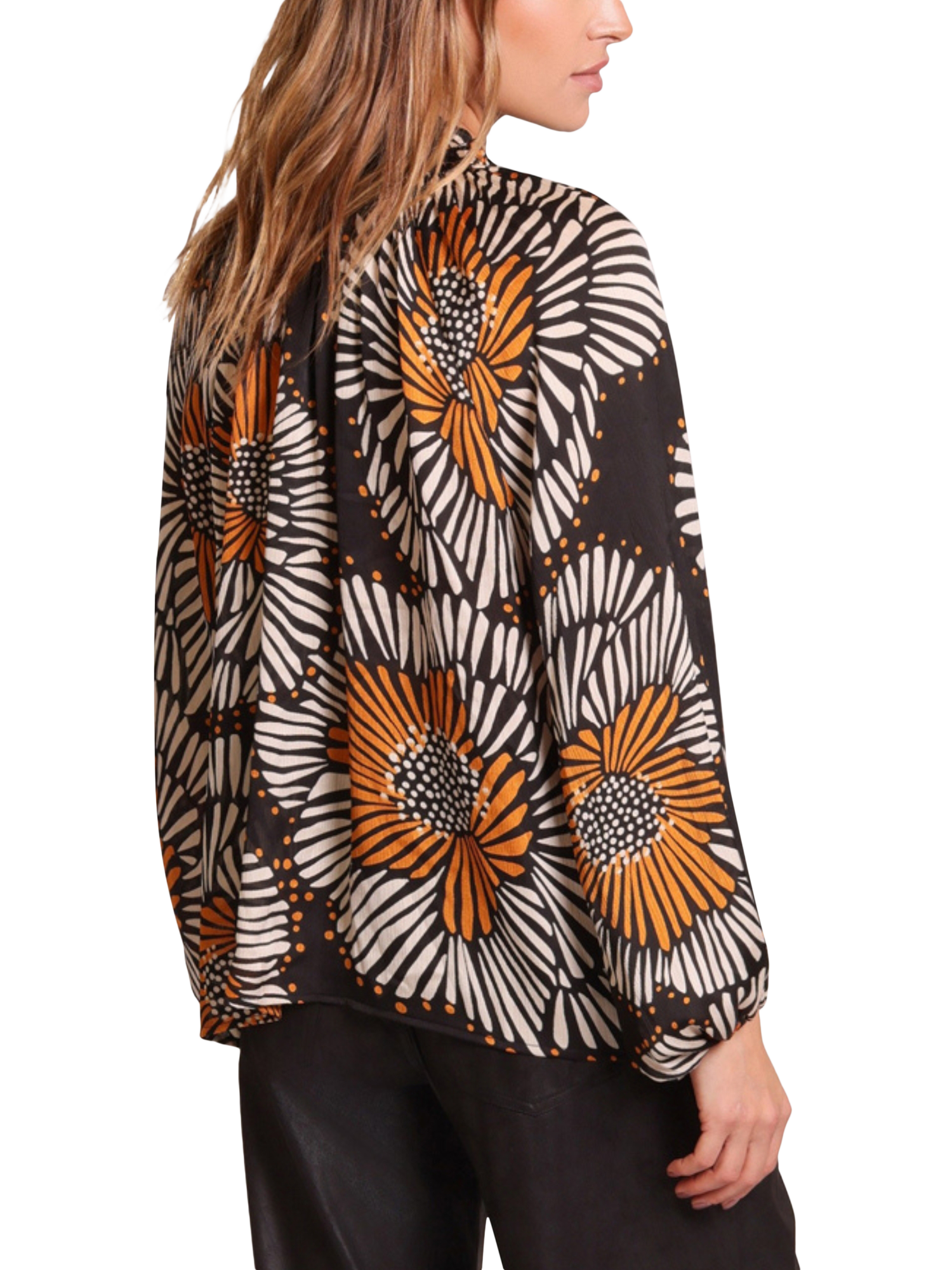 Product image 2 of 6, which shows Traffic People Hold On Madding Balloon Sleeve V Neck Blouse, Black/Multi, XS