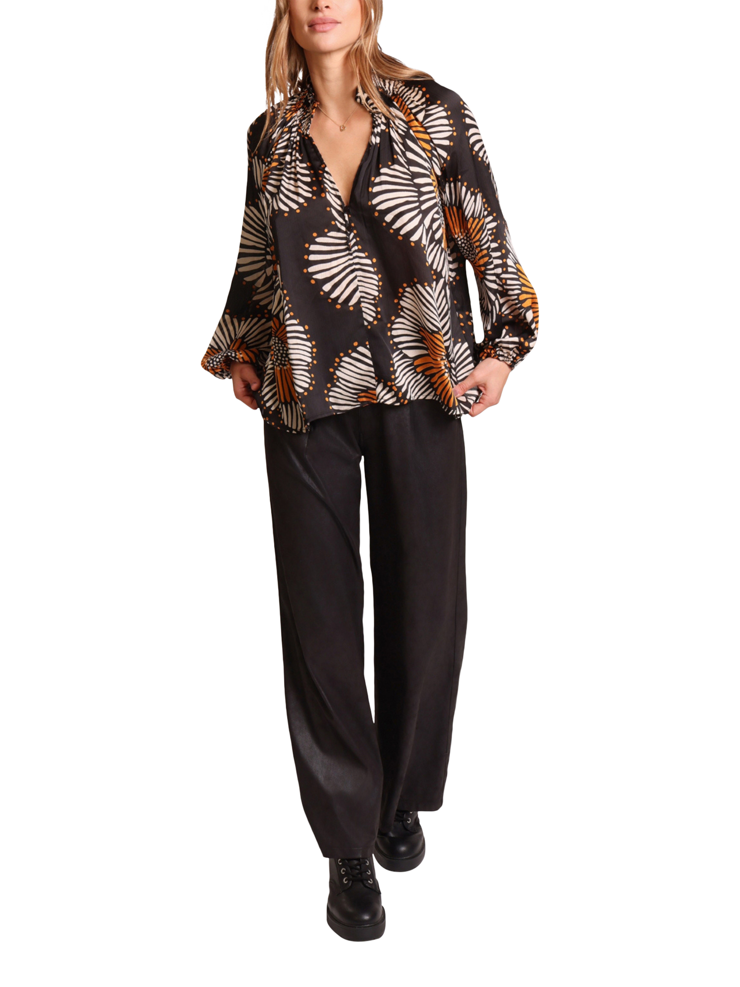 Product image 3 of 6, which shows Traffic People Hold On Madding Balloon Sleeve V Neck Blouse, Black/Multi, XS