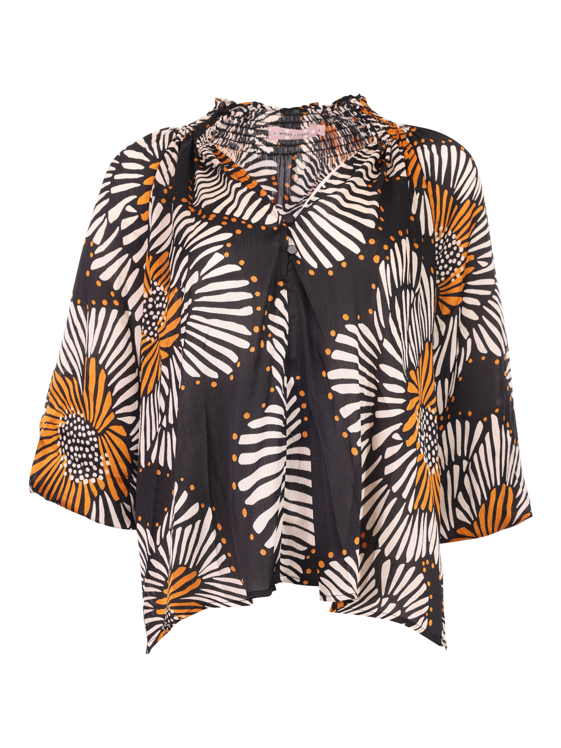 Product image 5 of 6, which shows Traffic People Hold On Madding Balloon Sleeve V Neck Blouse, Black/Multi, XS