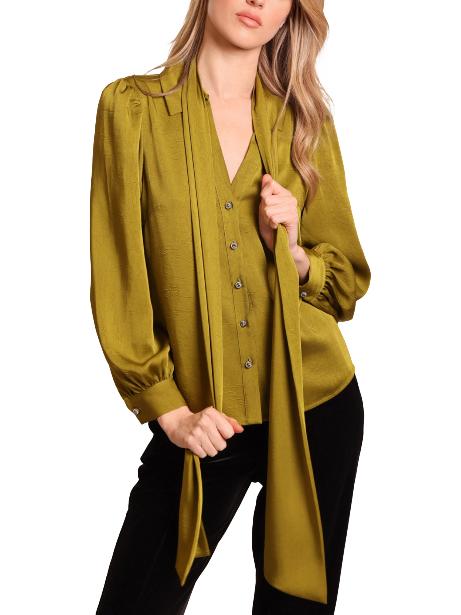 Product image 1 of 5, which shows Traffic People Revenge Long Sleeve V Neck Blouse, Green, XS