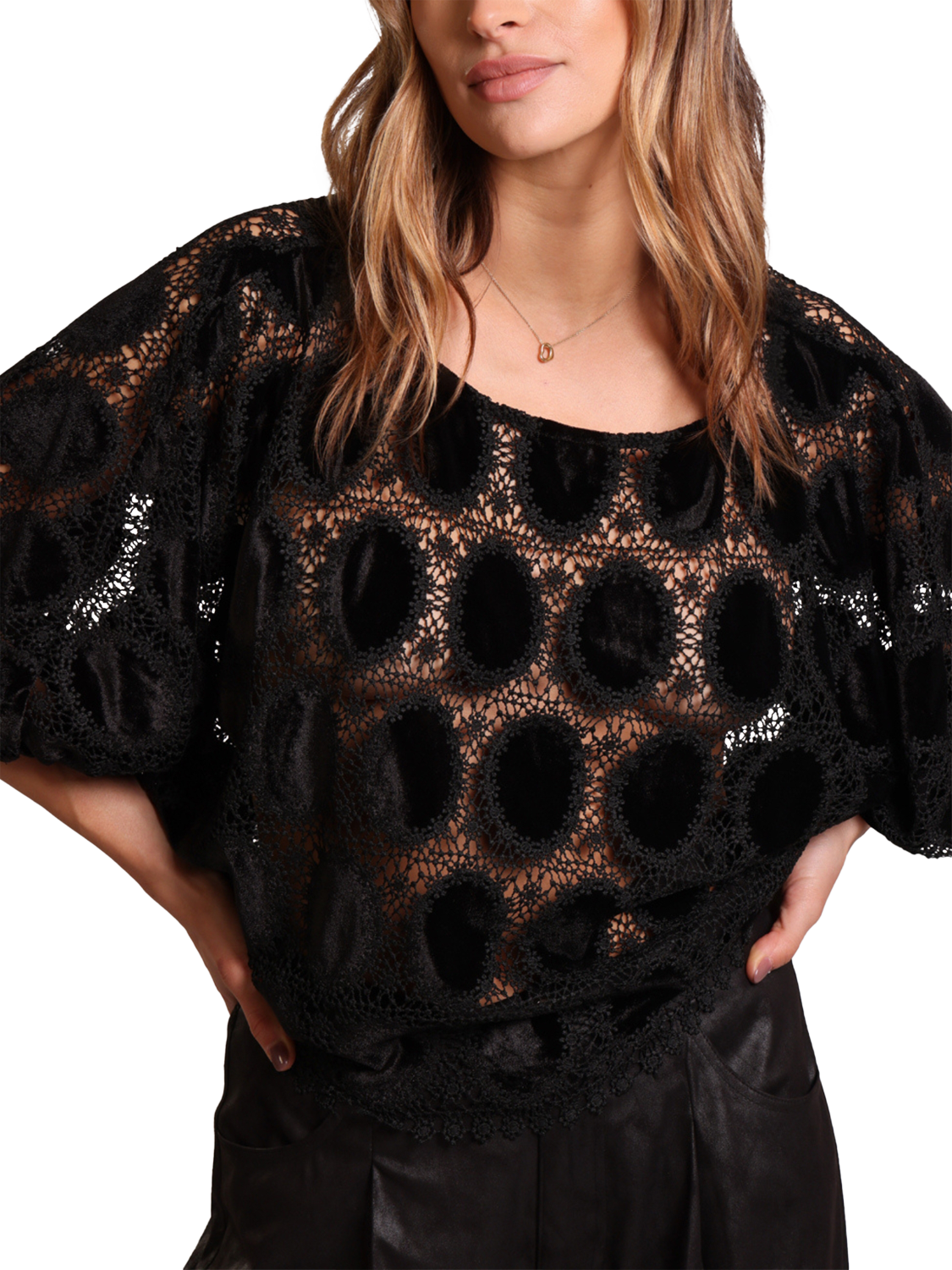 Product image 1 of 4, which shows Traffic People Bloom Crochet Top, Black, XS