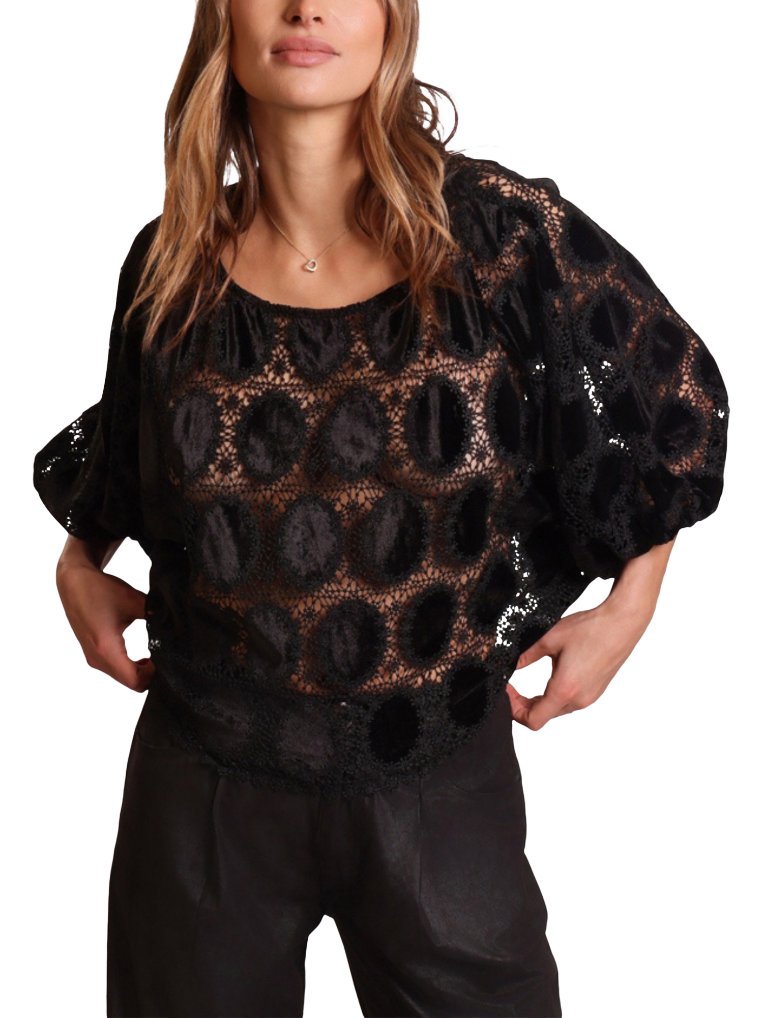 Product image 2 of 4, which shows Traffic People Bloom Crochet Top, Black, XS