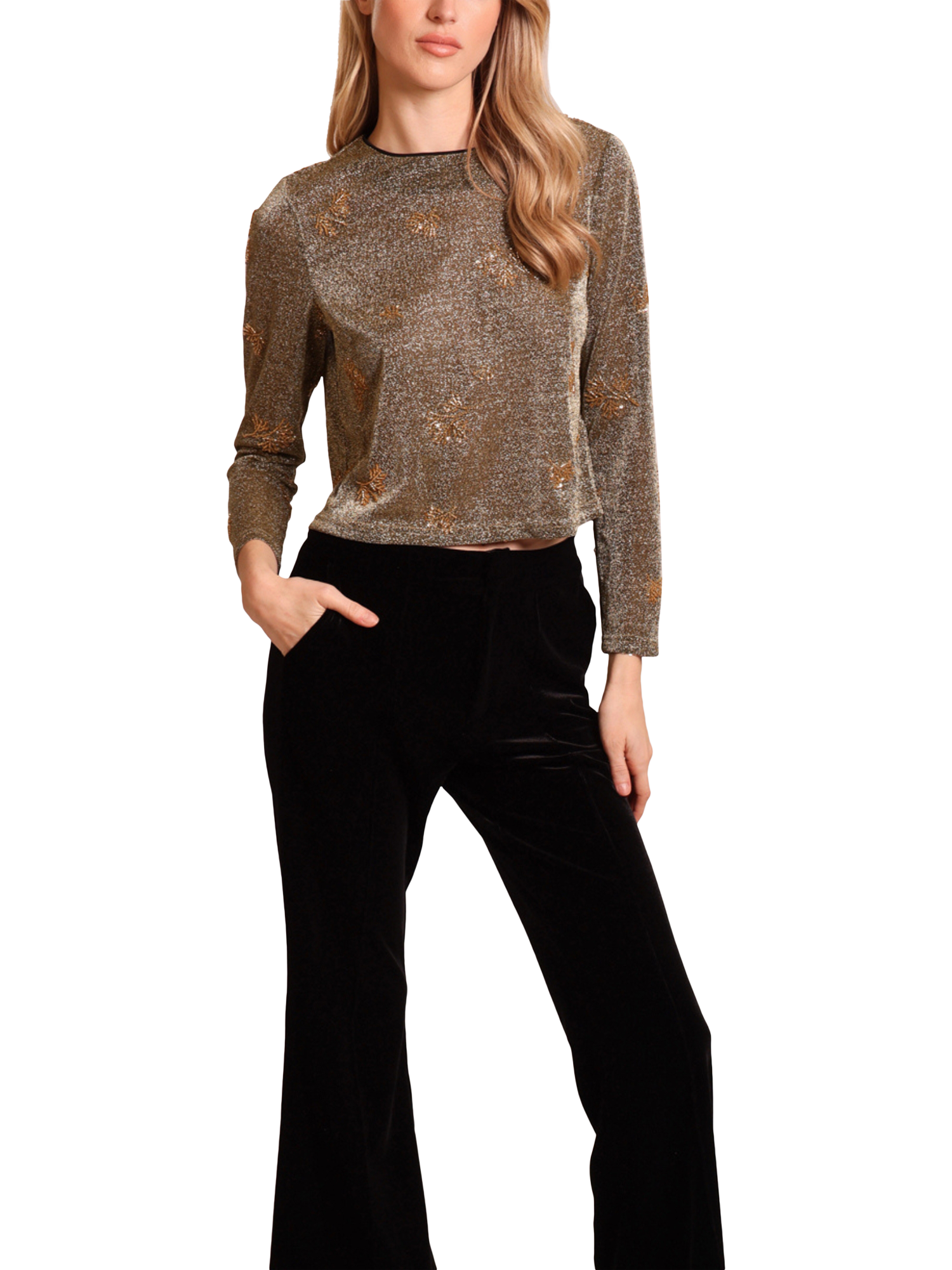 Product image 1 of 4, which shows Traffic People Marge Abandoned Embellished Top, Gold, XS