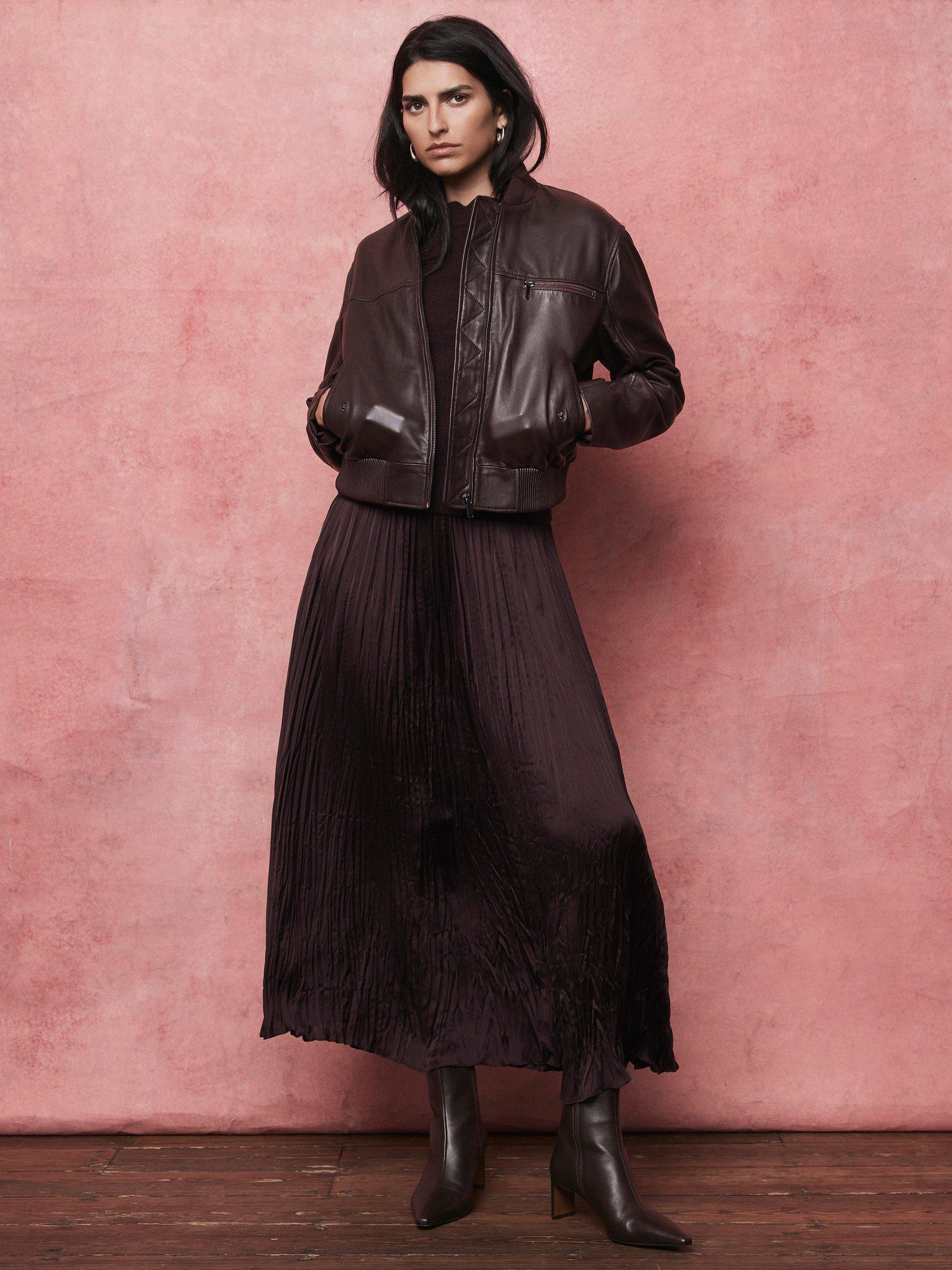 Mint Velvet Pure Leather Bomber Jacket, Red Burgundy