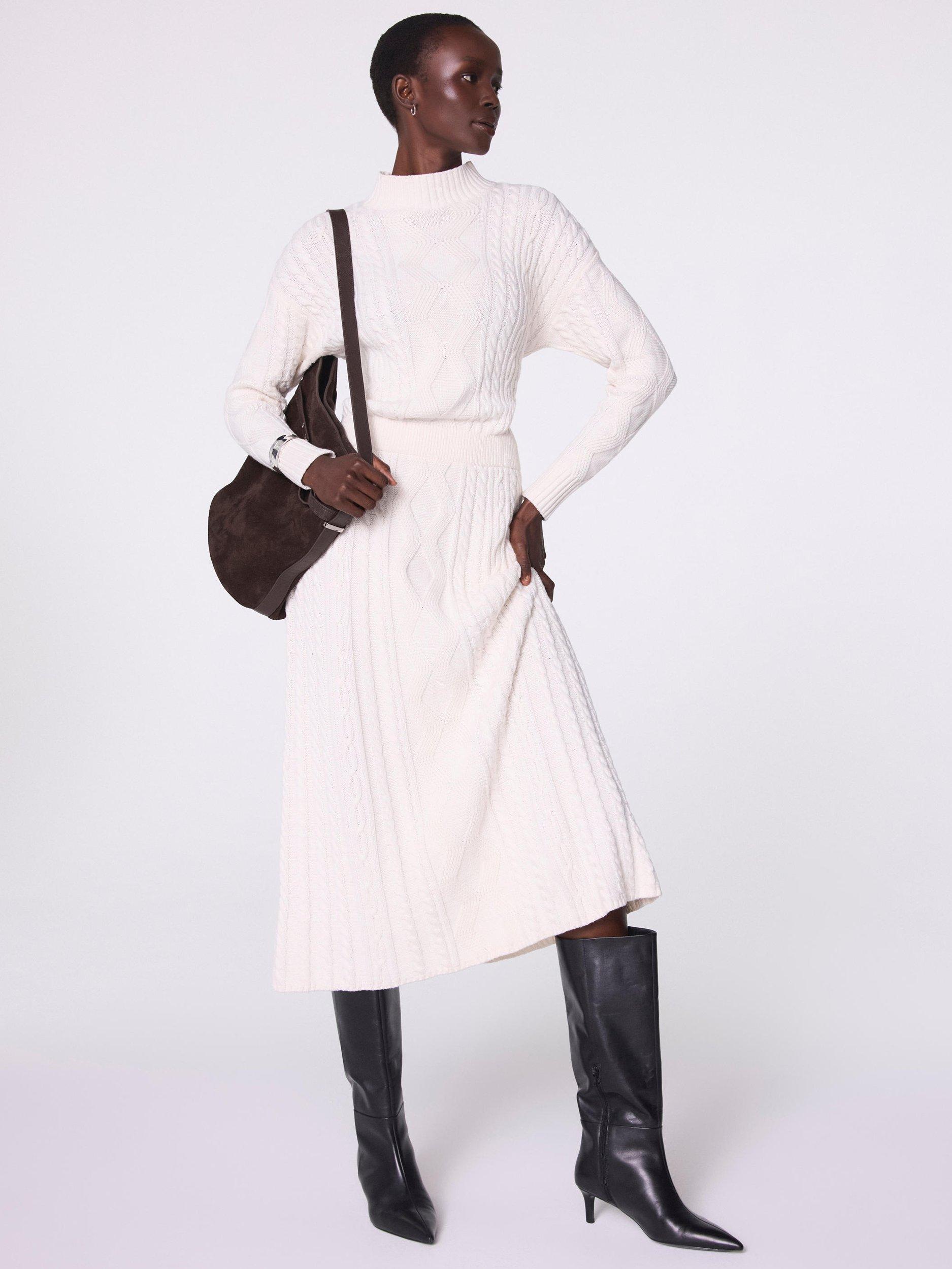 Product image 1 of 8, which shows Mint Velvet Cable Knit Midi Dress, White Ivory, L