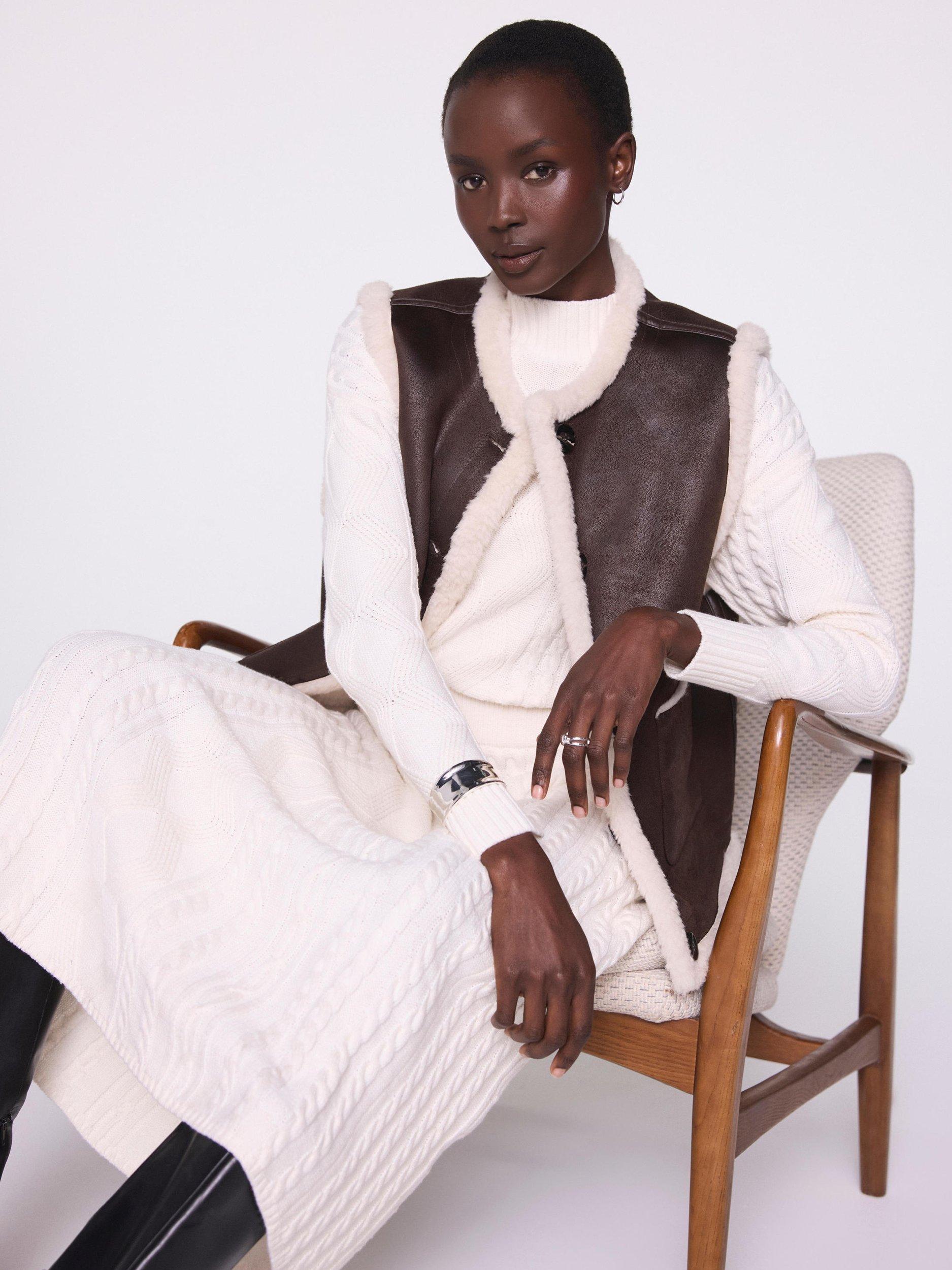 Product image 2 of 8, which shows Mint Velvet Cable Knit Midi Dress, White Ivory, L