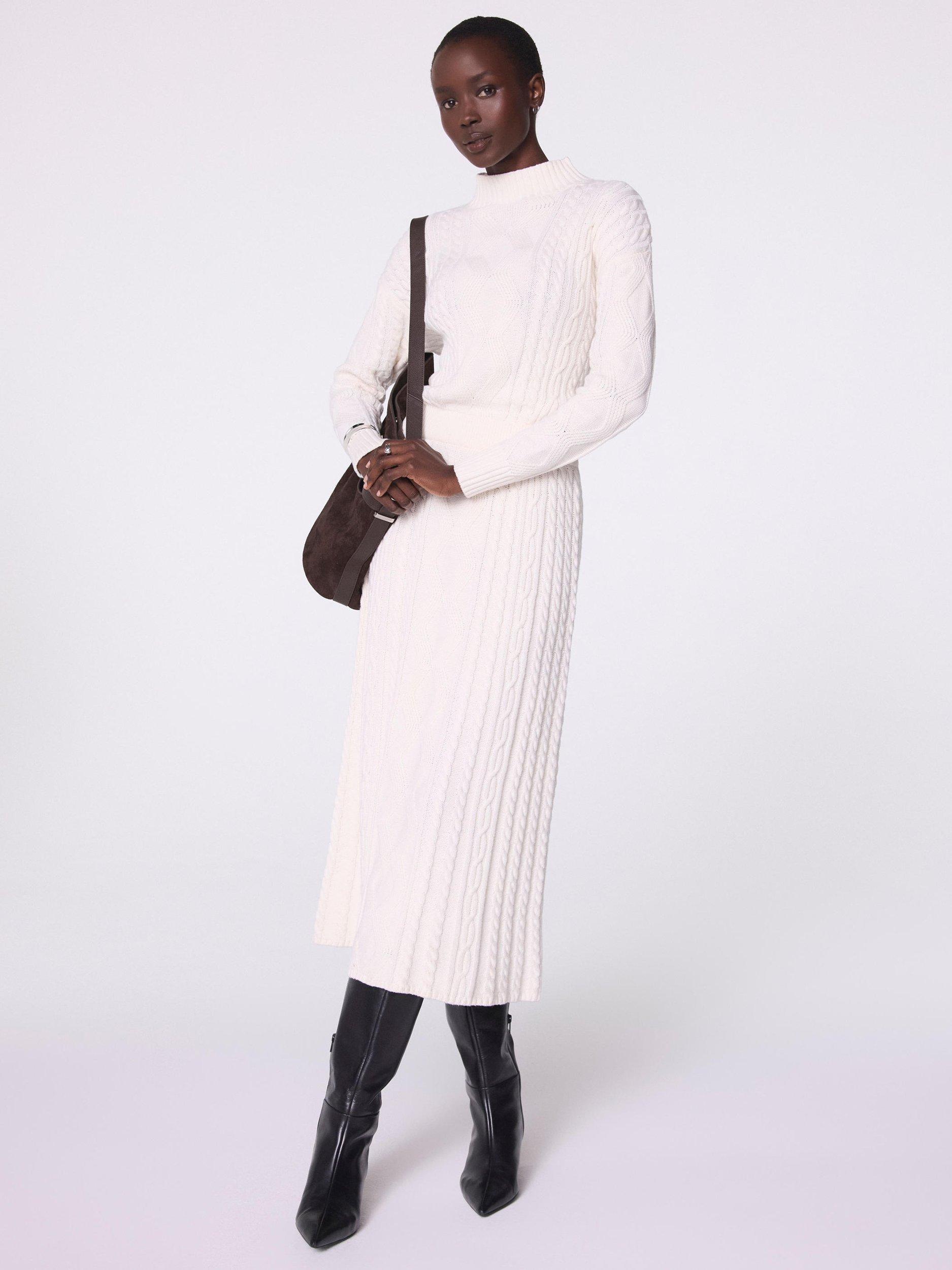 Product image 3 of 8, which shows Mint Velvet Cable Knit Midi Dress, White Ivory, L