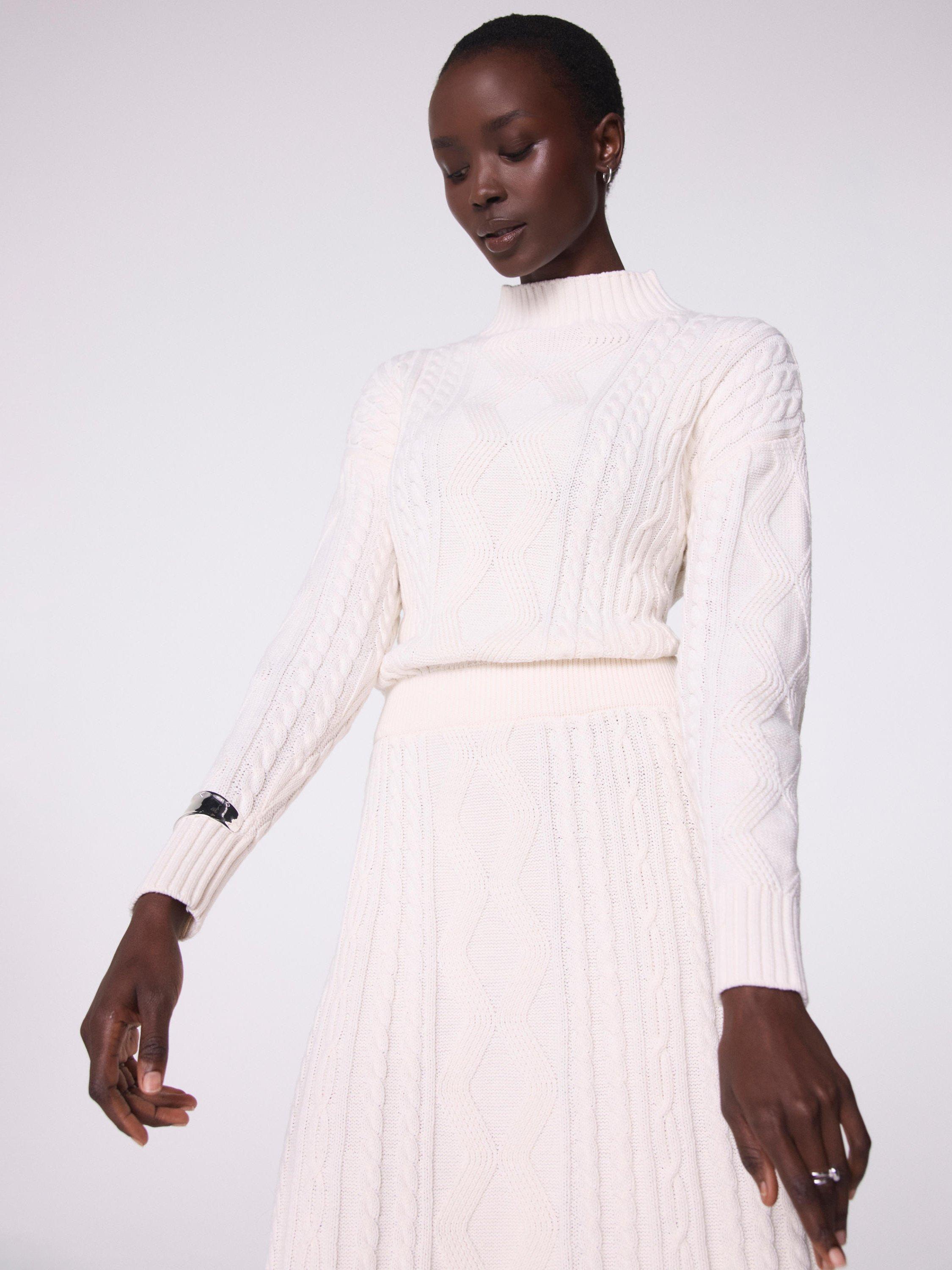 Product image 5 of 8, which shows Mint Velvet Cable Knit Midi Dress, White Ivory, L