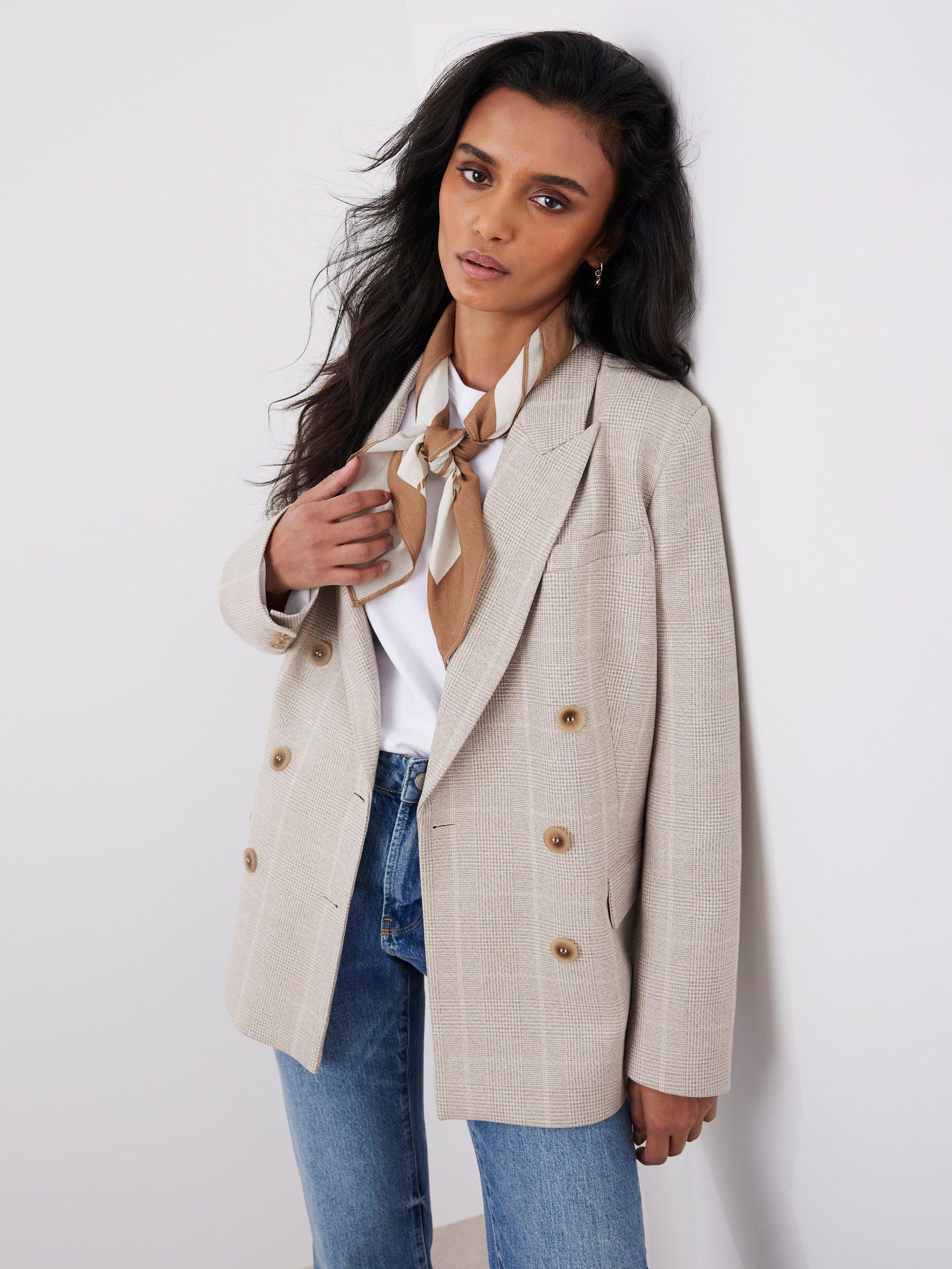 Product image 1 of 8, which shows Mint Velvet Check Double Breasted Blazer, Natural, L