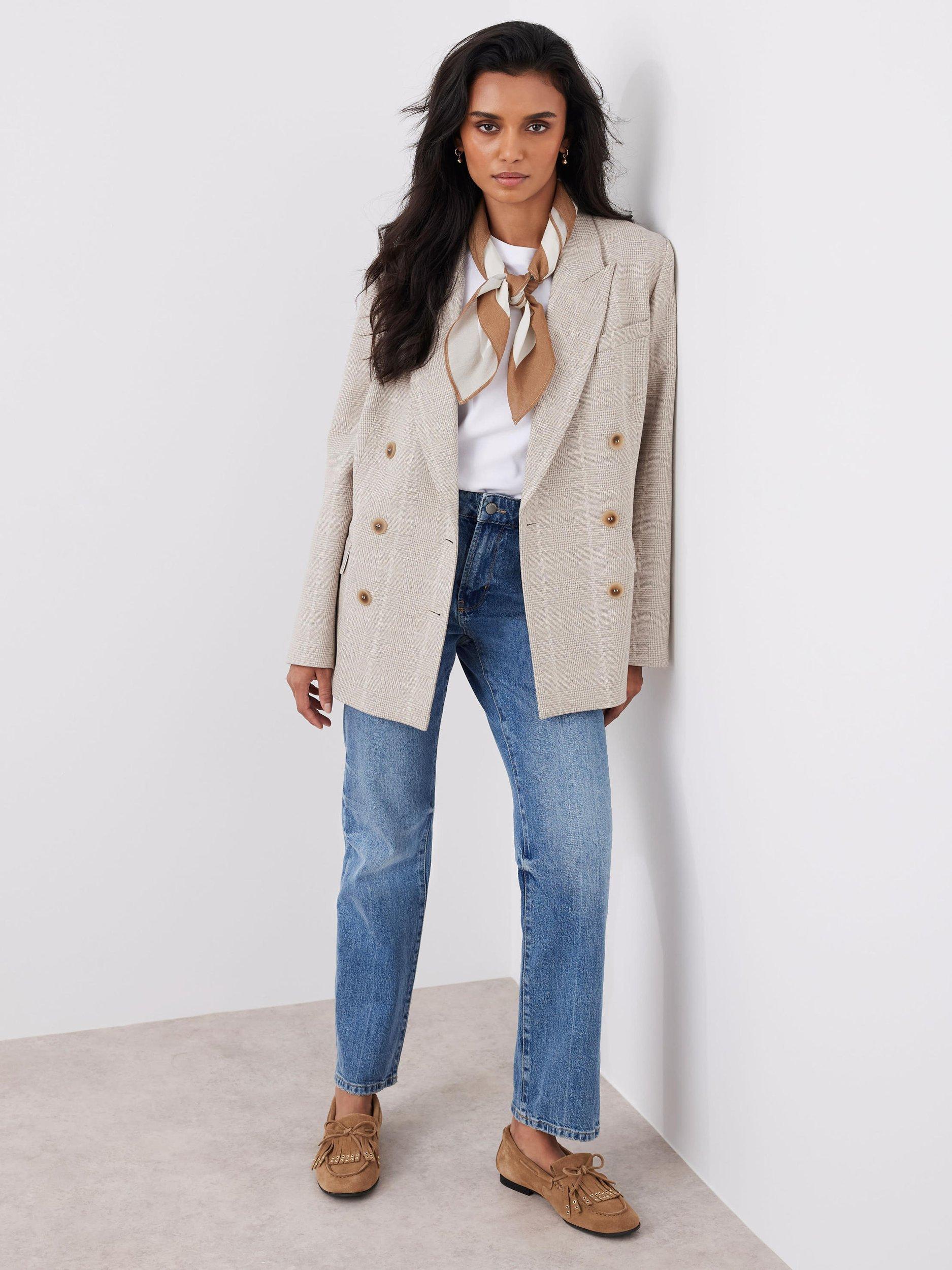 Product image 3 of 8, which shows Mint Velvet Check Double Breasted Blazer, Natural, L