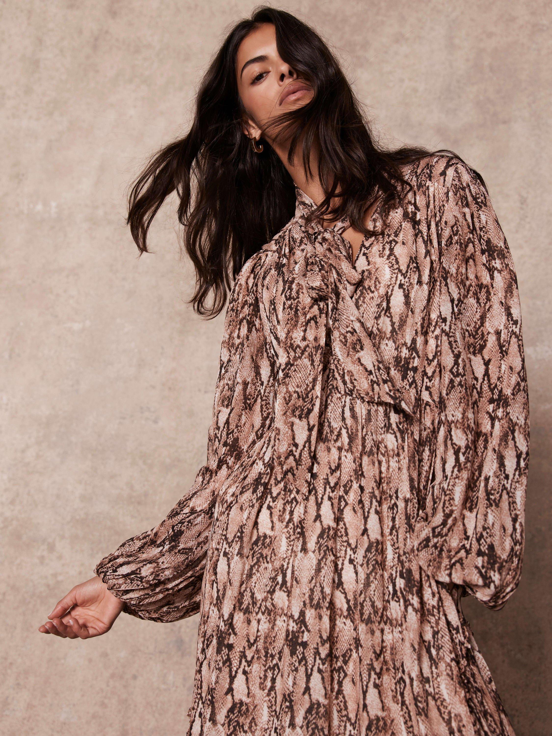 Product image 3 of 7, which shows Mint Velvet Snake Print Ruffle Midi Dress, Brown/Multi, 8