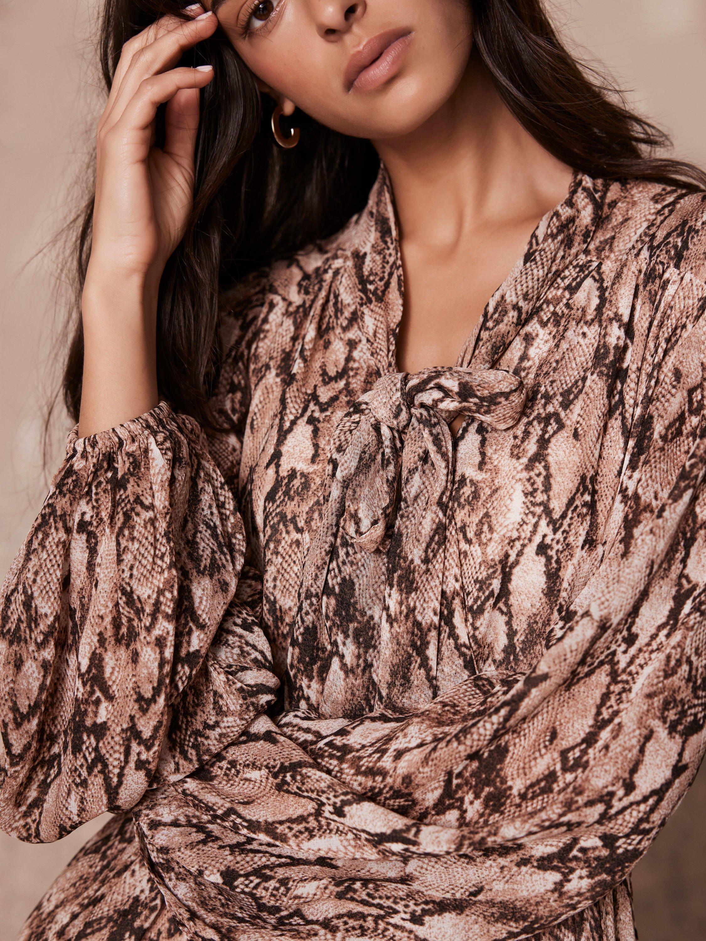 Product image 5 of 7, which shows Mint Velvet Snake Print Ruffle Midi Dress, Brown/Multi, 8