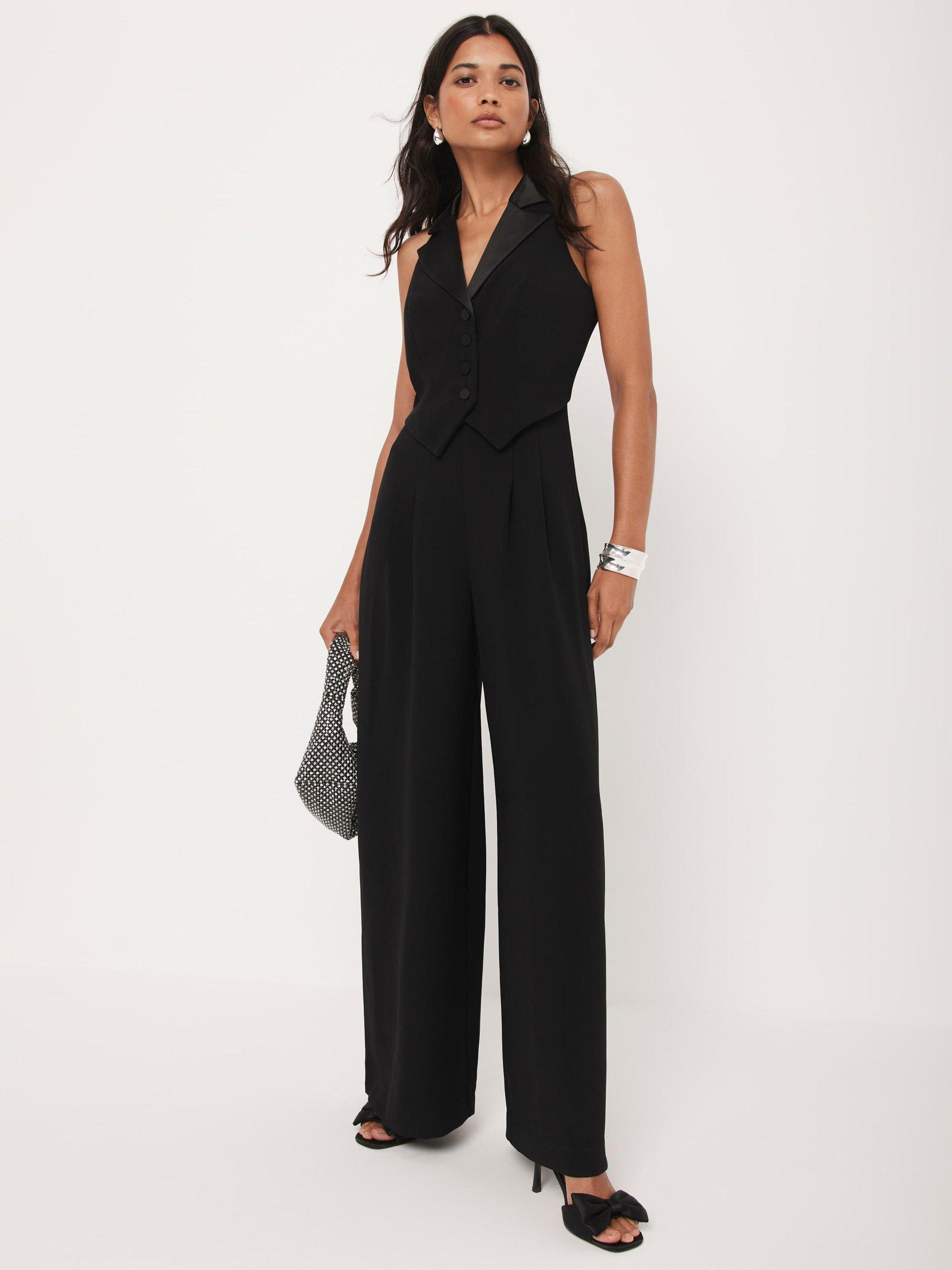 Mint Velvet Tuxedo Wide Leg Jumpsuit, Black - Main Image