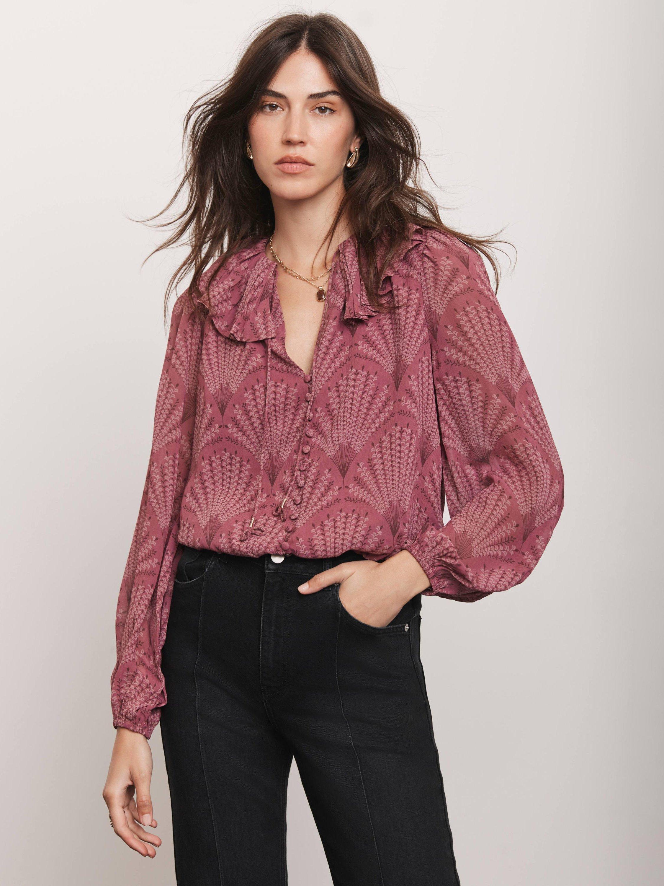 Product image 2 of 8, which shows Mint Velvet Floral Print Tie Neck Blouse, Red Burgundy, S