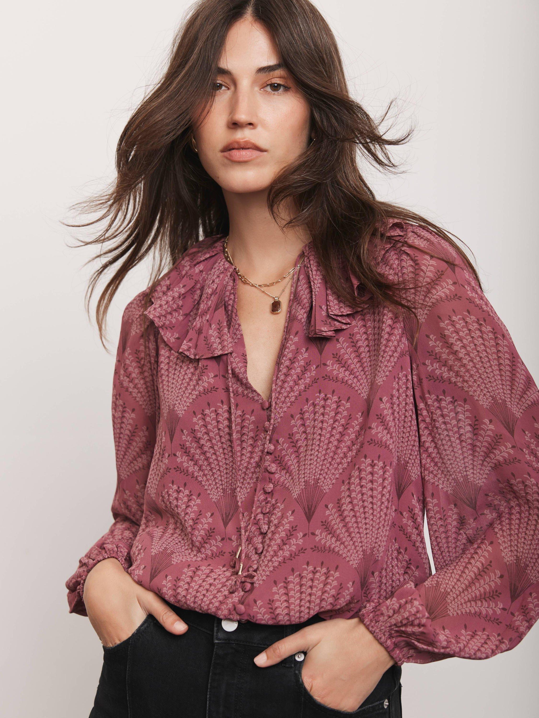 Product image 6 of 8, which shows Mint Velvet Floral Print Tie Neck Blouse, Red Burgundy, S