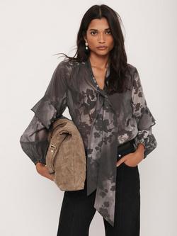 Mint Velvet Floral Pussy Bow Blouse, Black/Multi, Black/Multi