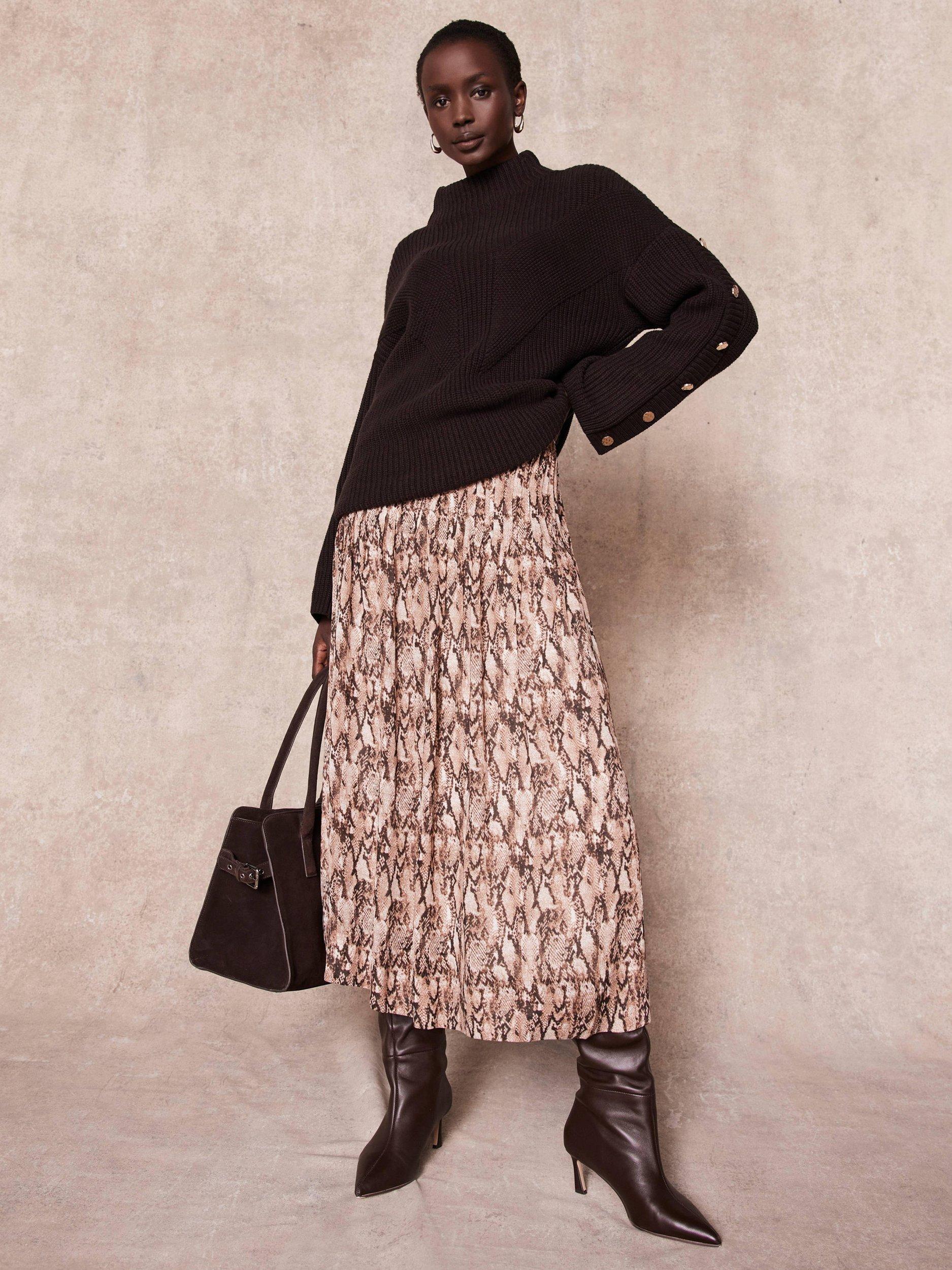 Mint Velvet Snake Print Midi Skirt, Brown/Multi