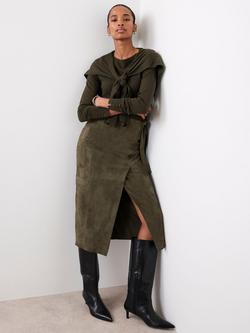 Mint Velvet Pure Suede Wrap Midi Skirt, Green Khaki, Green Khaki