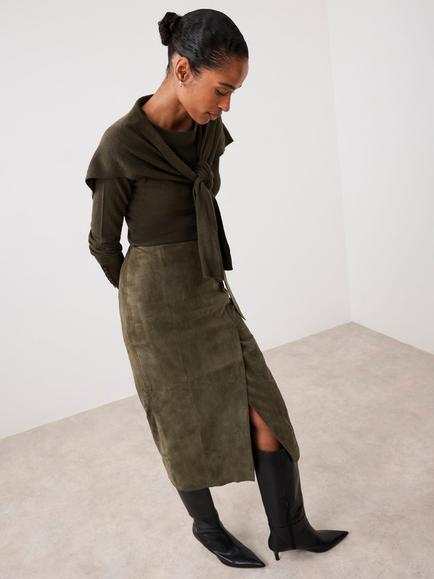 Mint Velvet Pure Suede Wrap Midi Skirt, Green Khaki - view 2, Green Khaki