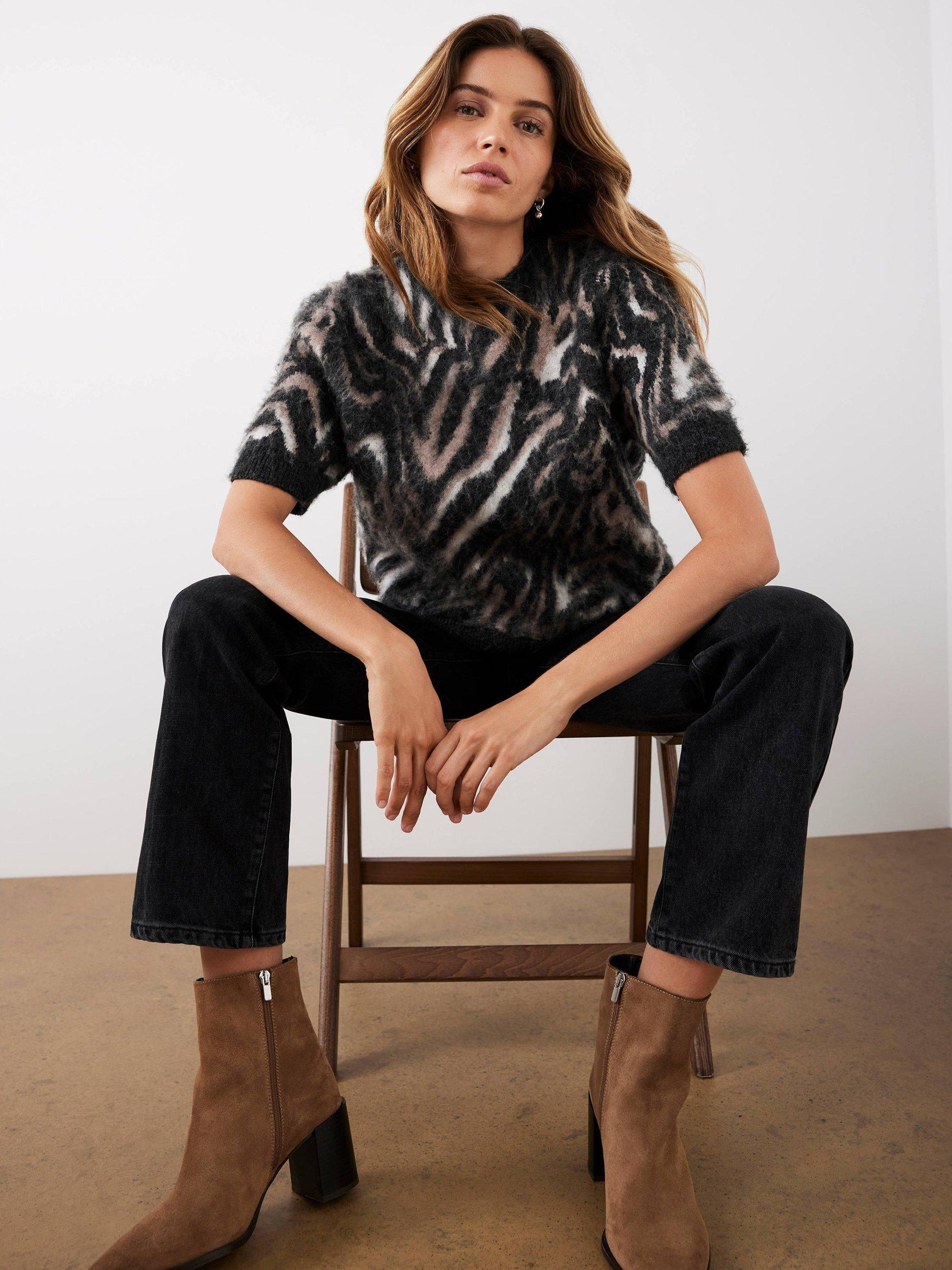 Product image 1 of 9, which shows Mint Velvet Zebra Wool Rich Knit Top, Natural/Multi, M