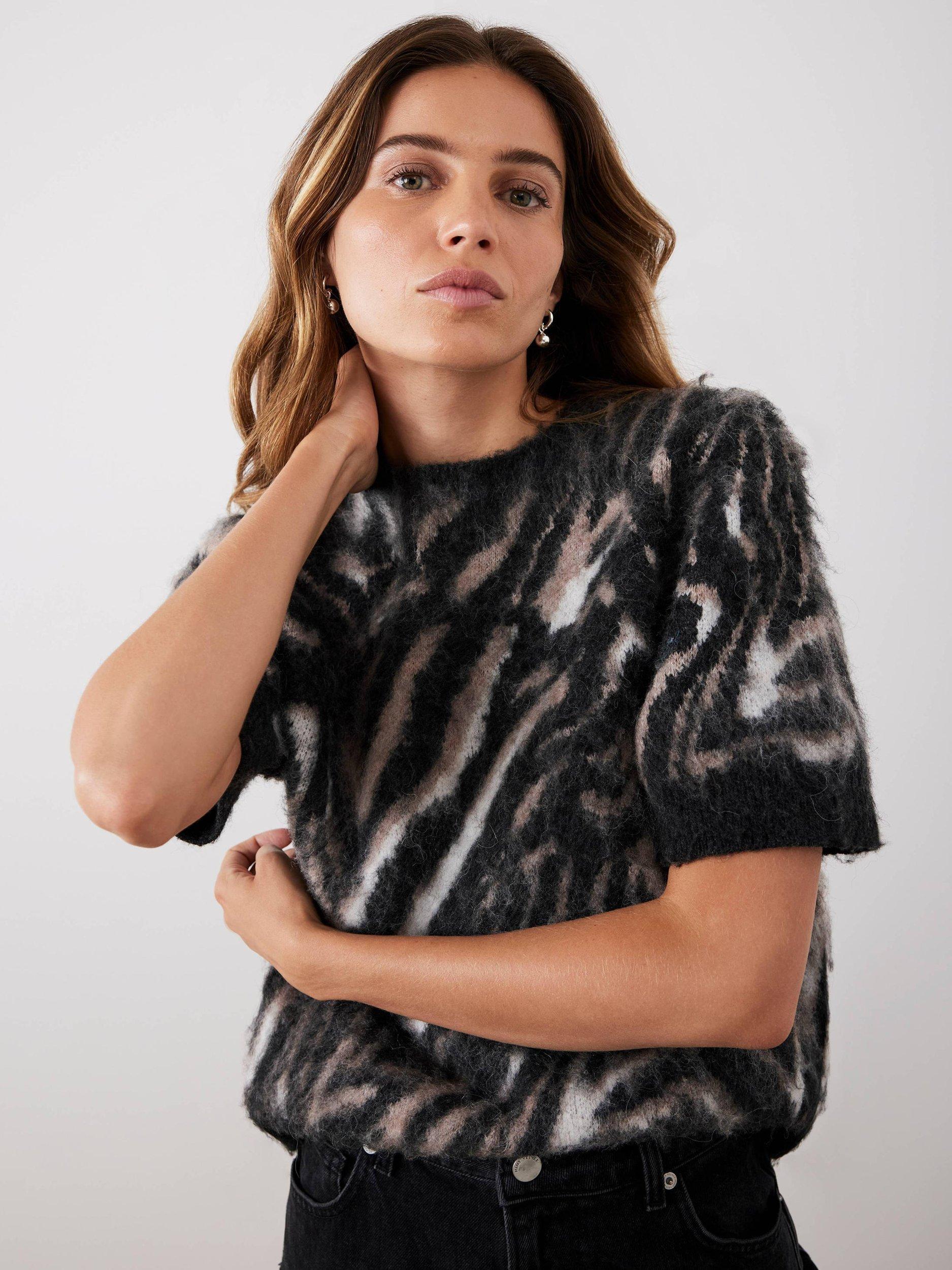 Product image 4 of 9, which shows Mint Velvet Zebra Wool Rich Knit Top, Natural/Multi, M