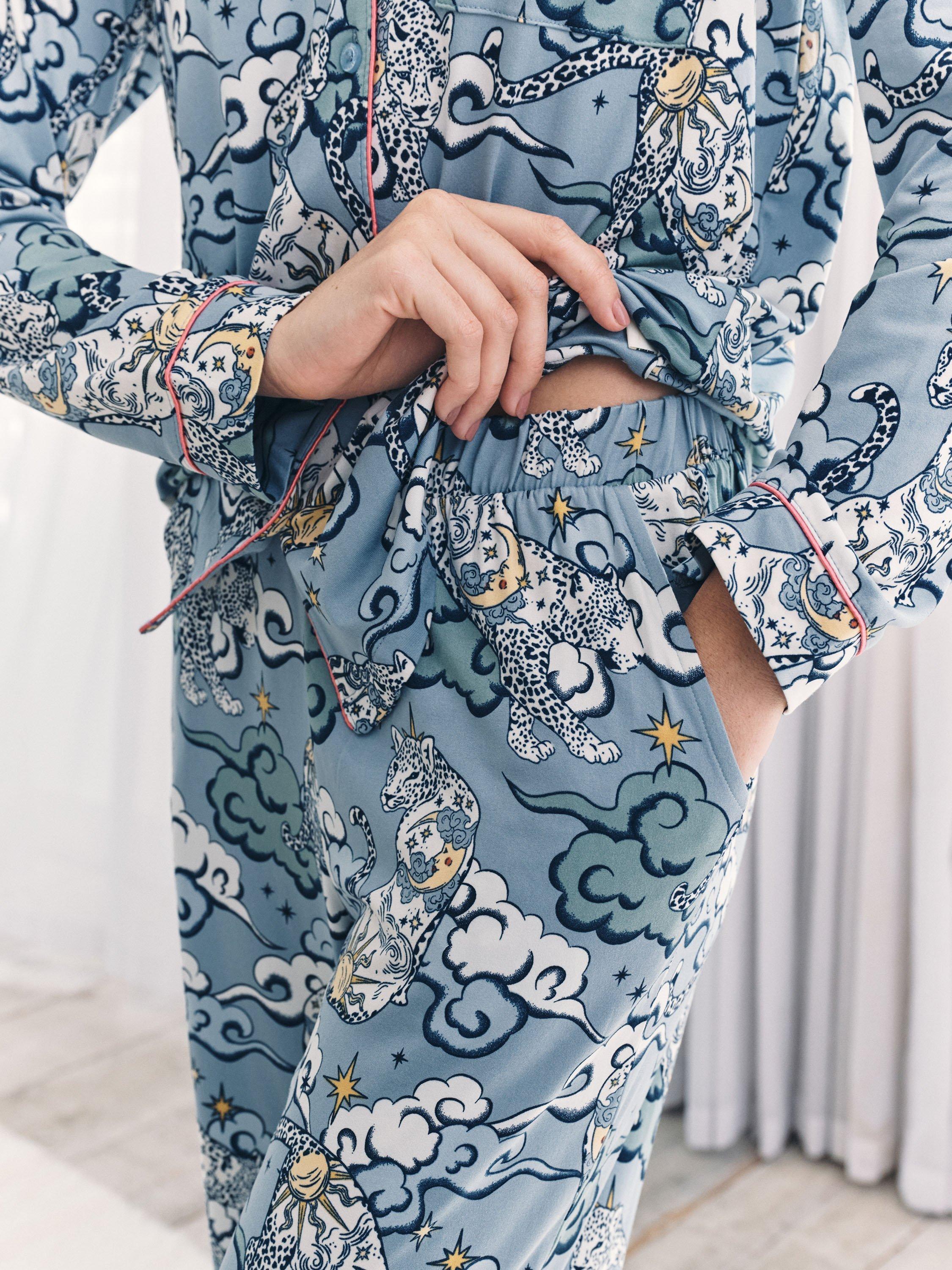 Product image 3 of 6, which shows Chelsea Peers Dream Leopard Long Pyjama Set, Blue, 10