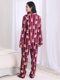 Chelsea Peers Fox & Hare Button Through Long Pyjama Set, Burgundy - view 2, Burgundy