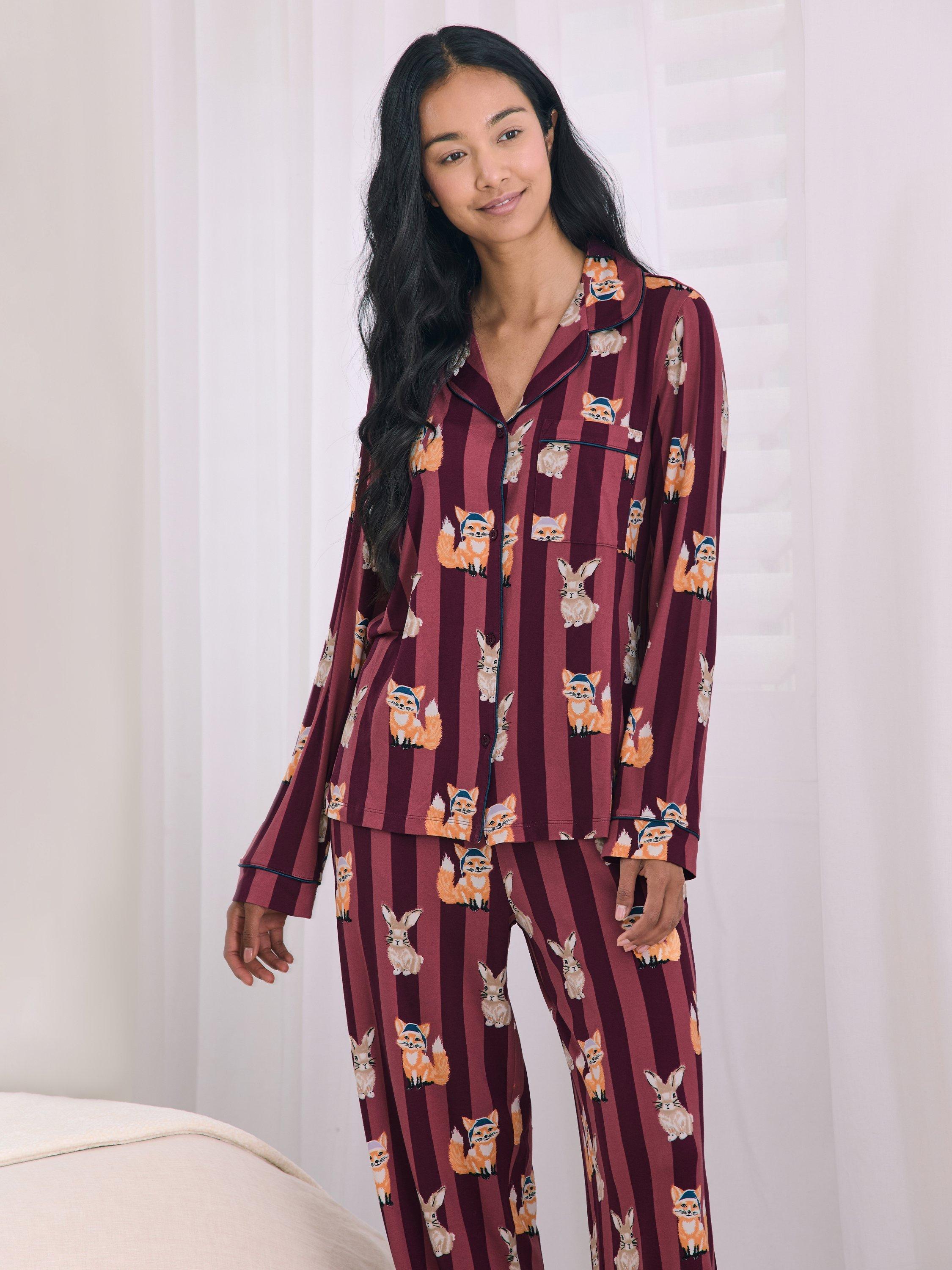 Product image 3 of 6, which shows Chelsea Peers Fox & Hare Button Through Long Pyjama Set, Burgundy, 10